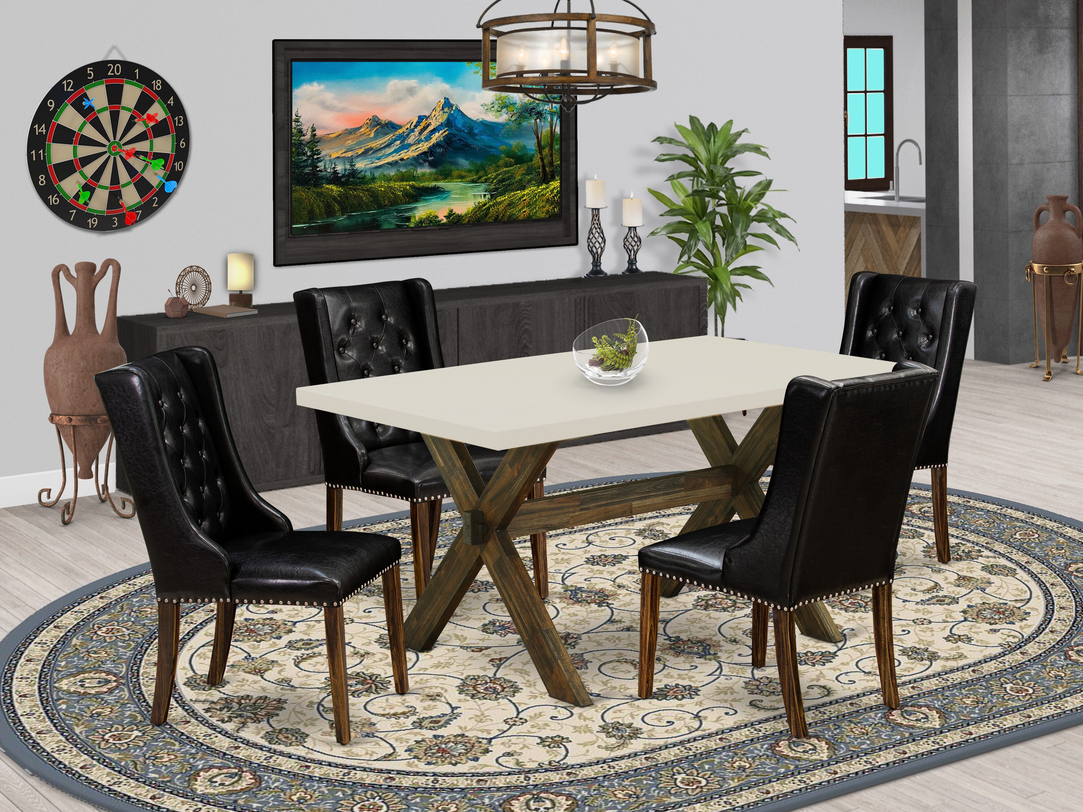 East West Furniture X726FO749-5 5 Piece Dining Table Set - 4 Black Pu faux Leather Upholstered Chair Button Tufted with Nail heads and Wood Dining Table - Distressed Jacobean Finish