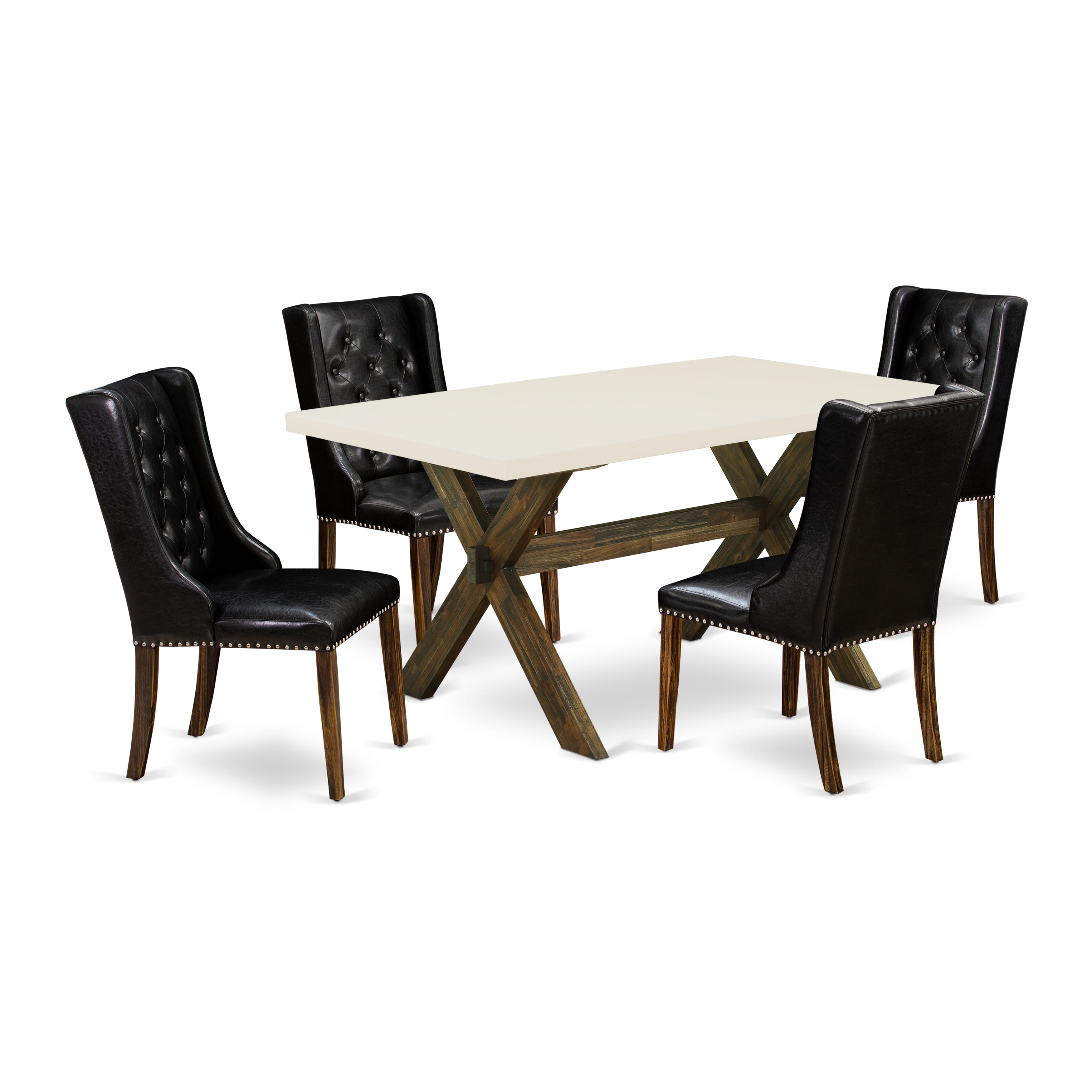 East West Furniture X726FO749-5 5 Piece Dining Table Set - 4 Black Pu faux Leather Upholstered Chair Button Tufted with Nail heads and Wood Dining Table - Distressed Jacobean Finish