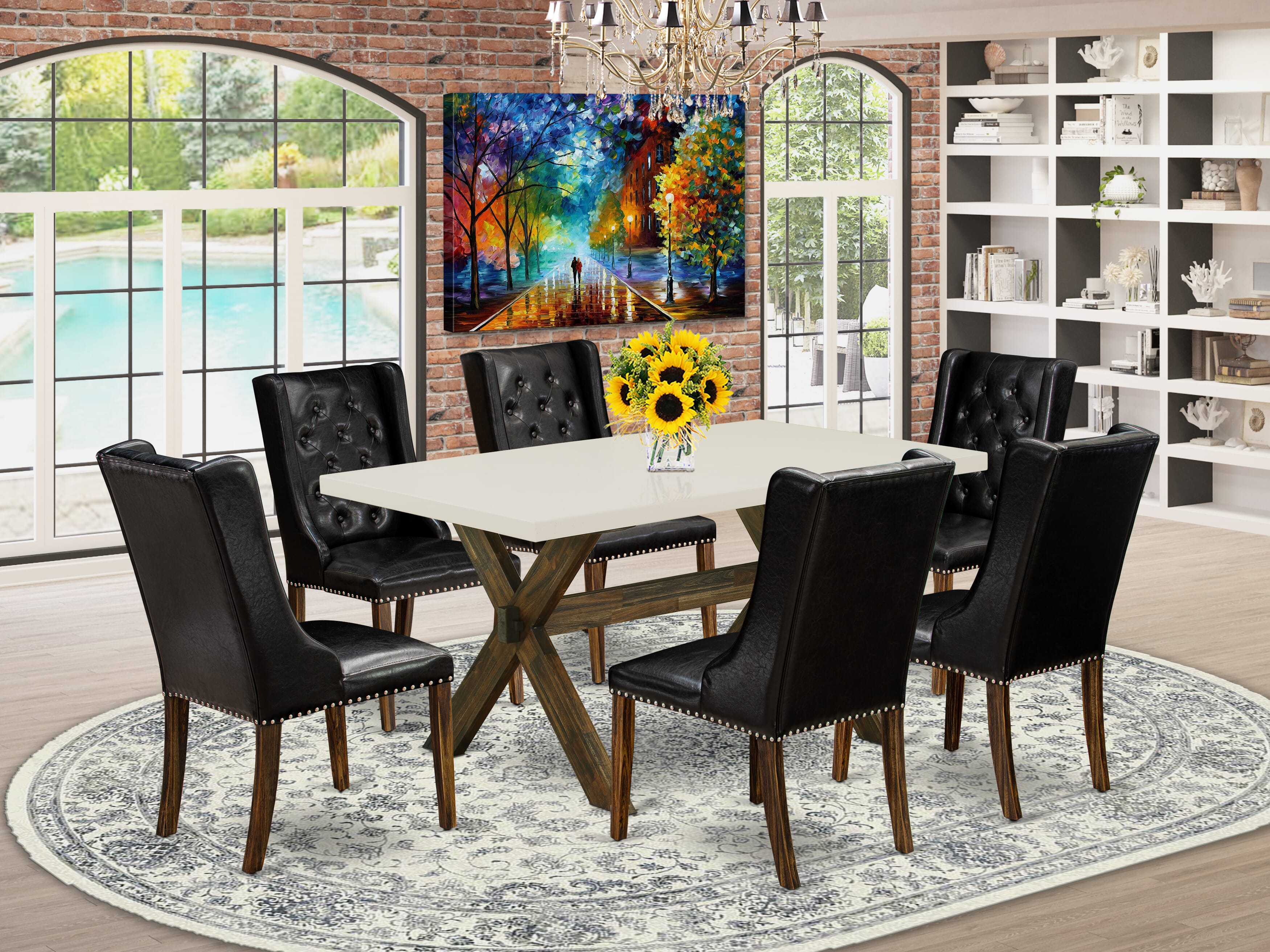 East West Furniture X726FO749-7 7 Piece Dinette Set - 6 Black Pu faux Leather Parson Chairs Button Tufted with Nail heads and Wood Dining Table - Distressed Jacobean Finish