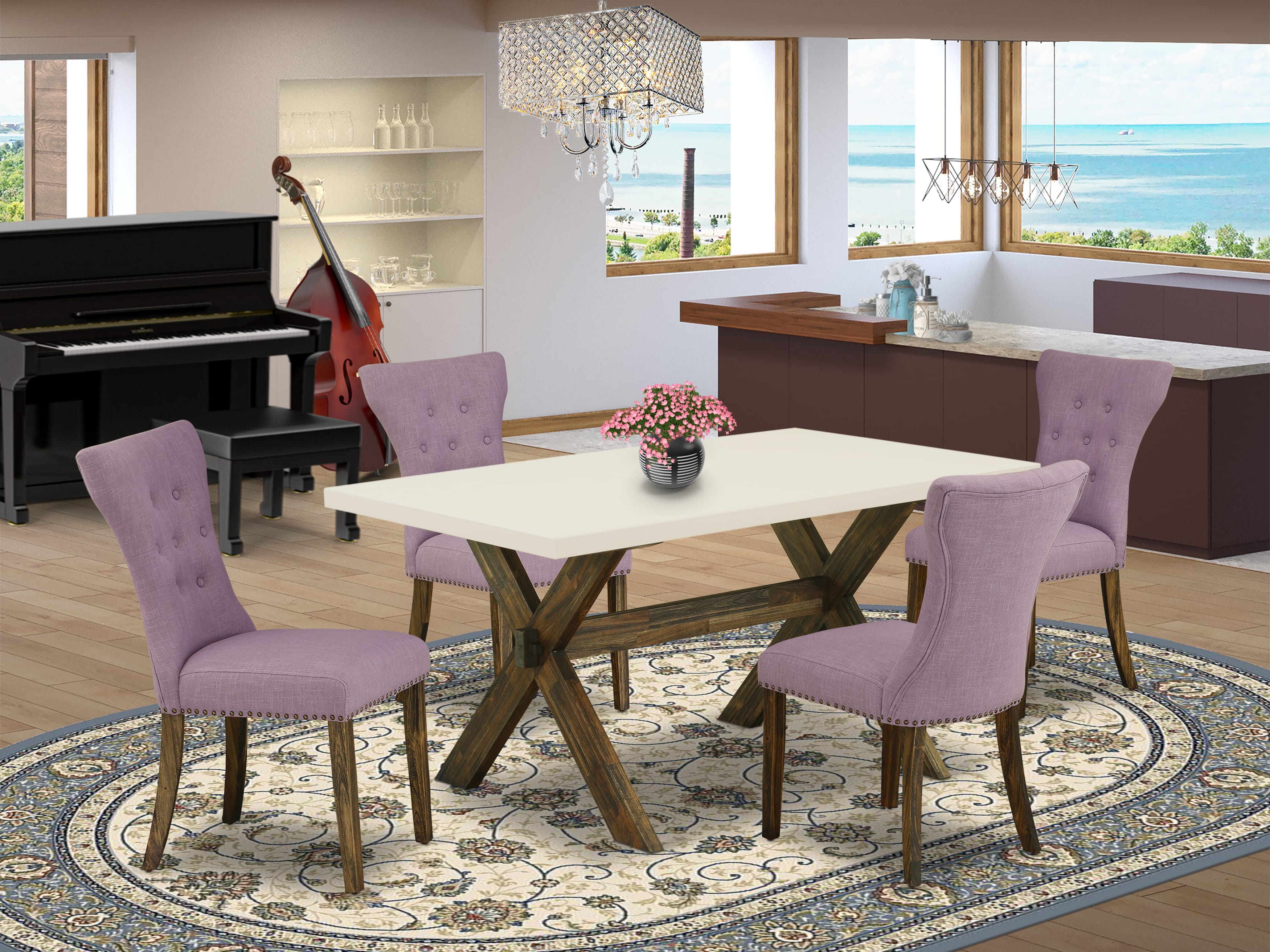 East West Furniture X726GA740-5 5-Pc Dining Room Table Set- 4 Parson Dining Chairs with Dahlia Linen Fabric Seat and Button Tufted Chair Back - Rectangular Table - linen white Finish