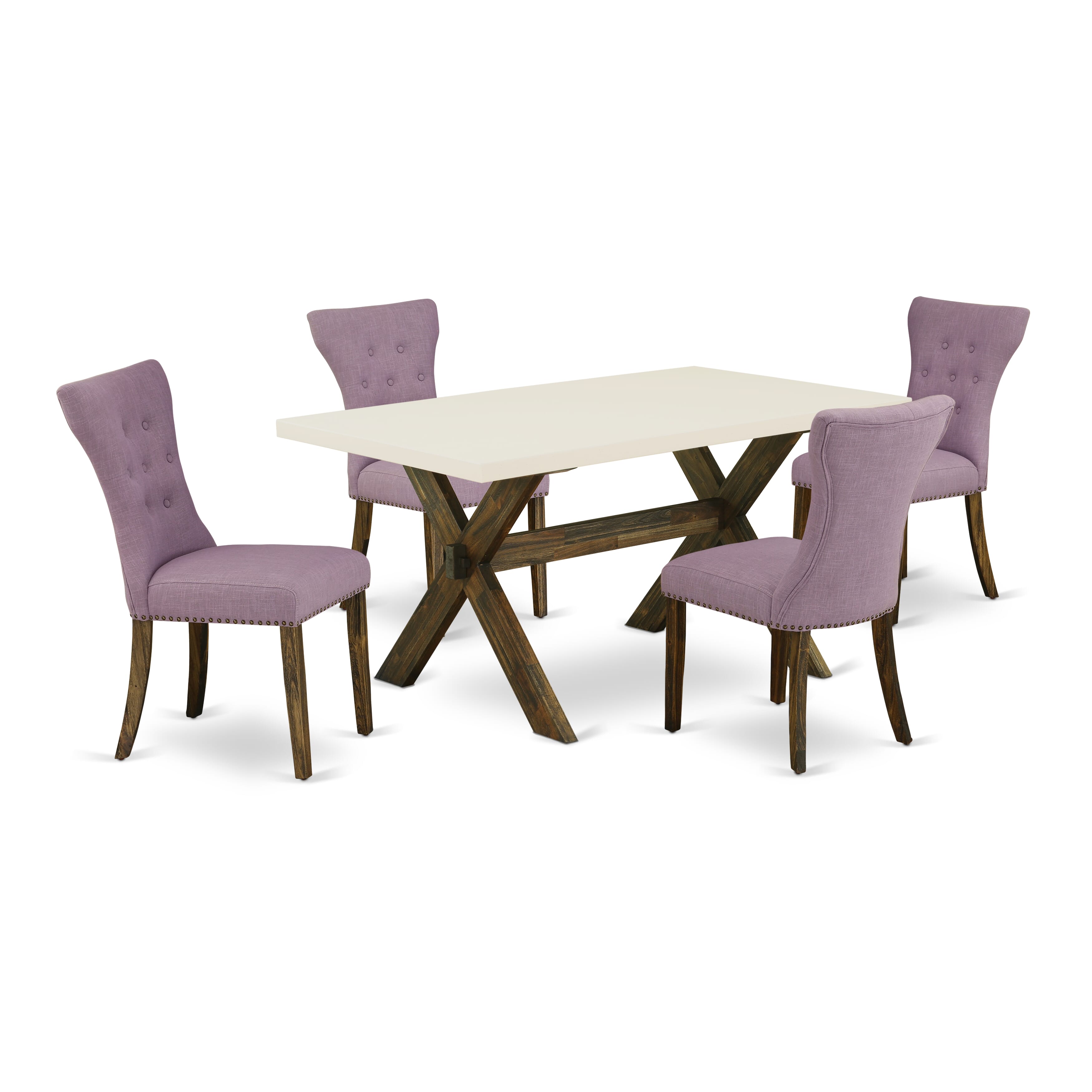 East West Furniture X726GA740-5 5-Pc Dining Room Table Set- 4 Parson Dining Chairs with Dahlia Linen Fabric Seat and Button Tufted Chair Back - Rectangular Table - linen white Finish