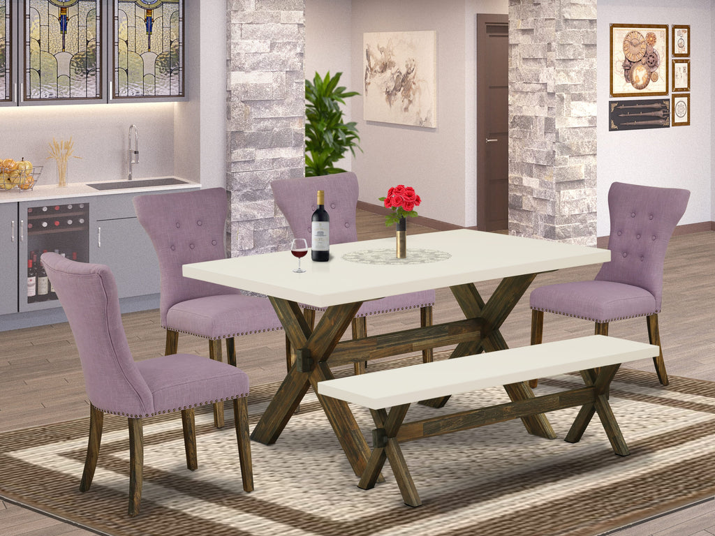East West Furniture X726GA740-6 6-Piece Kitchen Dining Set- 4 Dahlia Linen Fabric Dining Chair with Button Tufted Back - A Dining Table and 1 Dining Bench (linen white Finish)