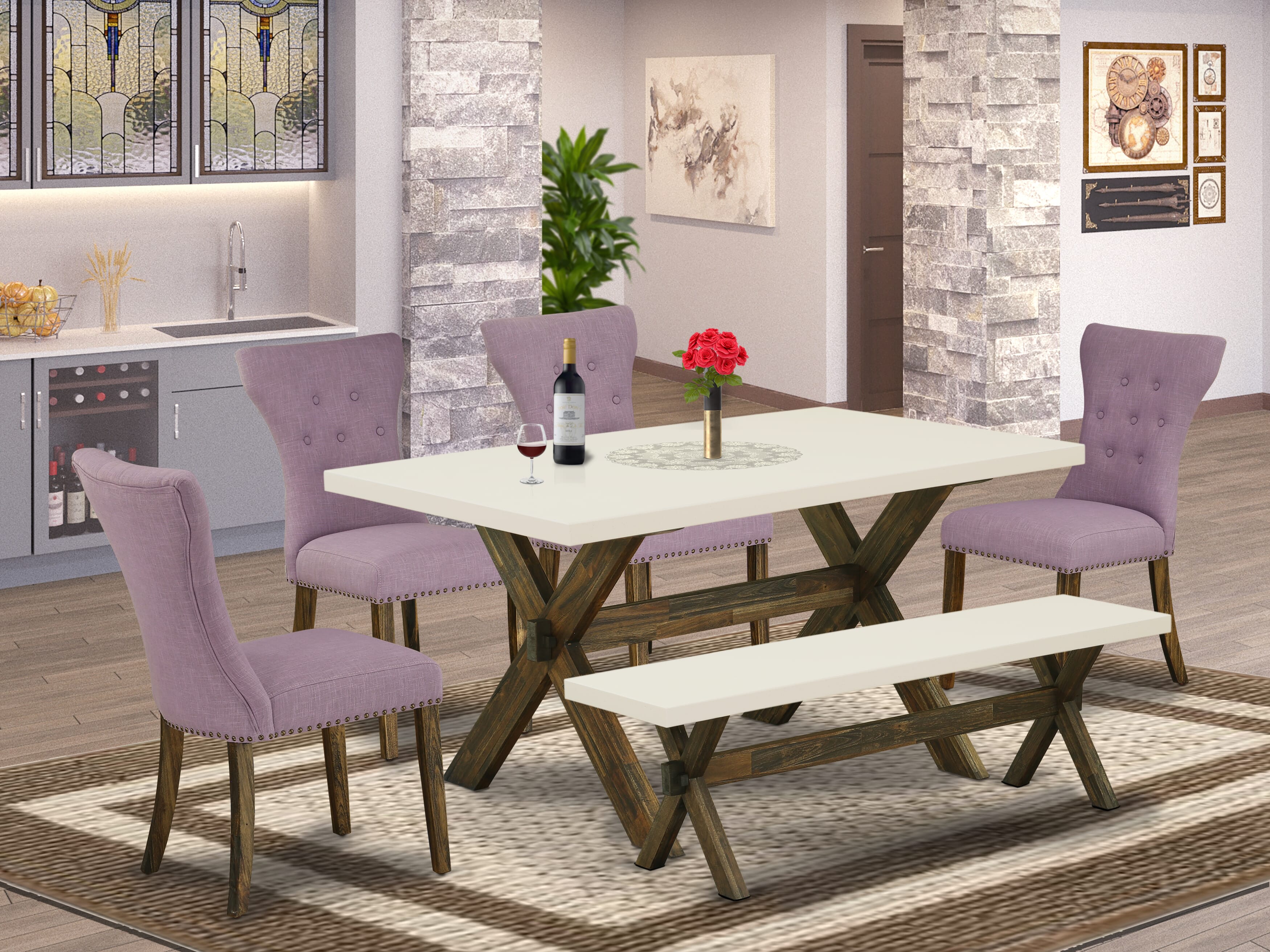 East West Furniture X726GA740-6 6-Piece Kitchen Dining Set- 4 Dahlia Linen Fabric Dining Chair with Button Tufted Back - A Dining Table and 1 Dining Bench (linen white Finish)