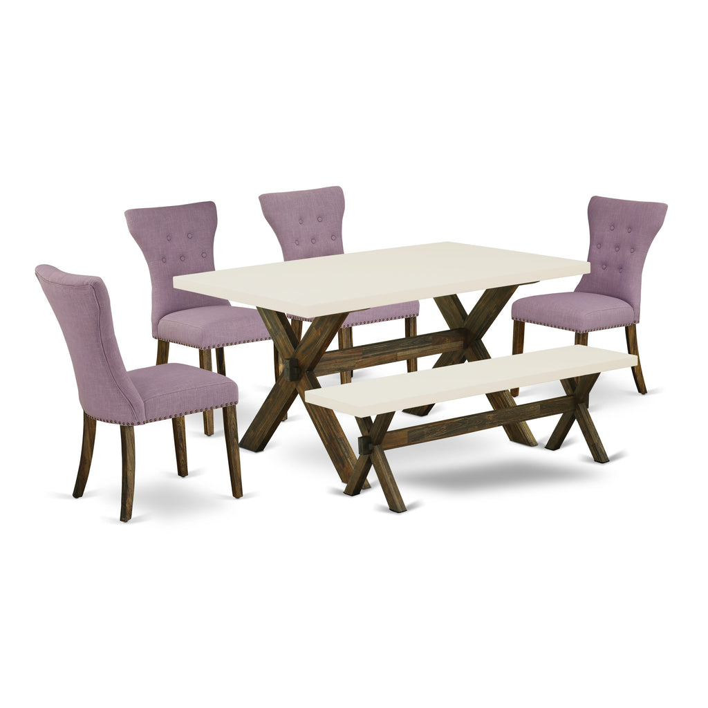 East West Furniture X726GA740-6 6-Piece Kitchen Dining Set- 4 Dahlia Linen Fabric Dining Chair with Button Tufted Back - A Dining Table and 1 Dining Bench (linen white Finish)