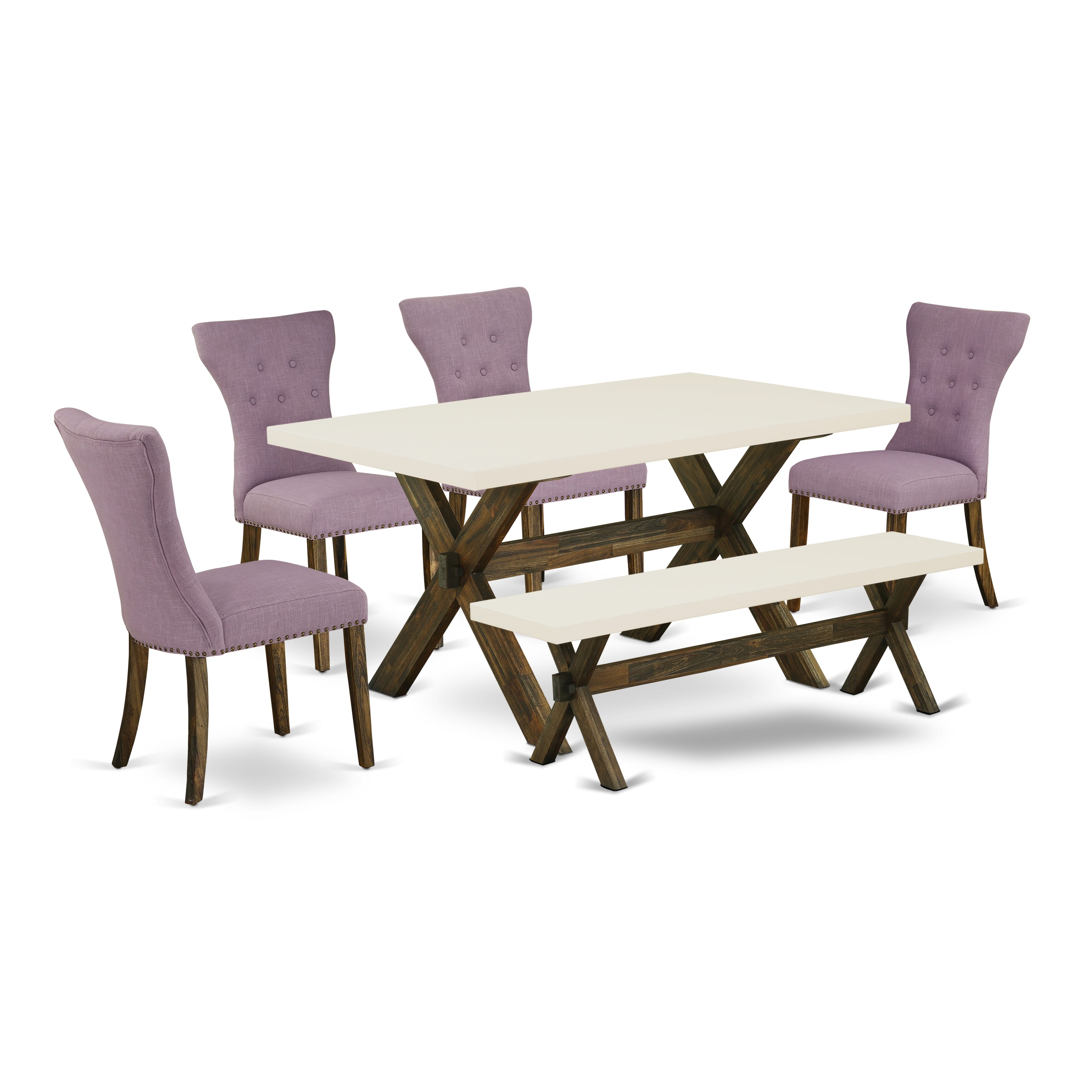East West Furniture X726GA740-6 6-Piece Kitchen Dining Set- 4 Dahlia Linen Fabric Dining Chair with Button Tufted Back - A Dining Table and 1 Dining Bench (linen white Finish)