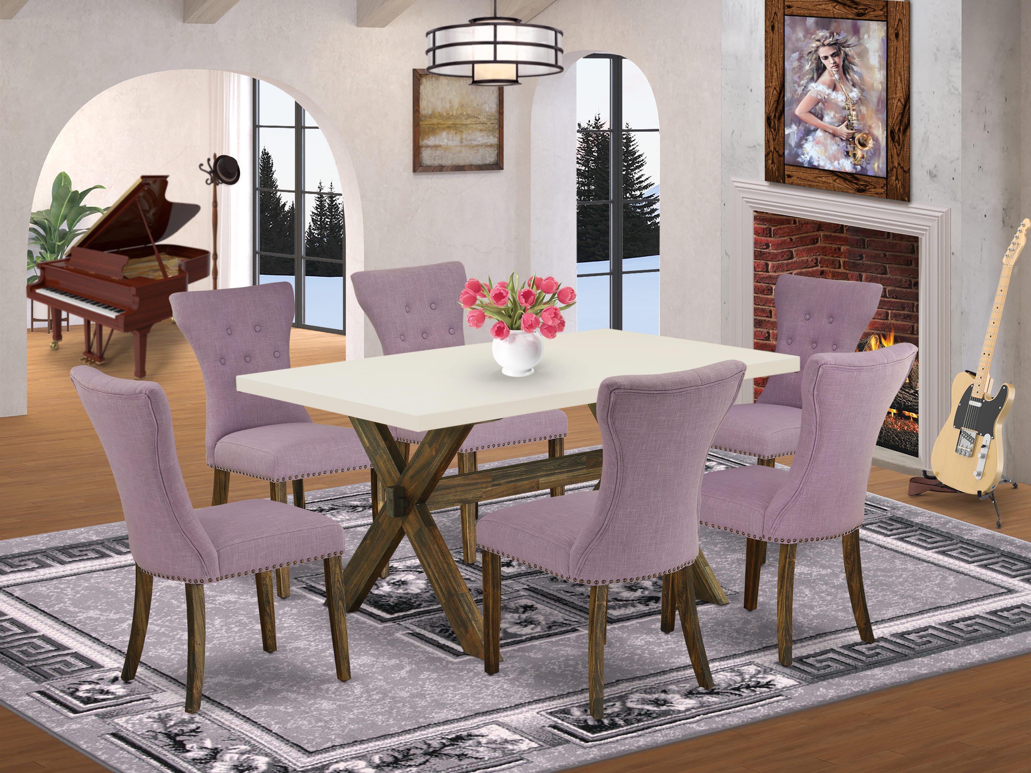East West Furniture X726GA740-7 7-Piece Dining Table Set- 6 Dining Padded Chairs with Dahlia Linen Fabric Seat and Button Tufted Chair Back - Rectangular Table top & Wooden Cross Legs - linen white and Distressed Jacobean Finish