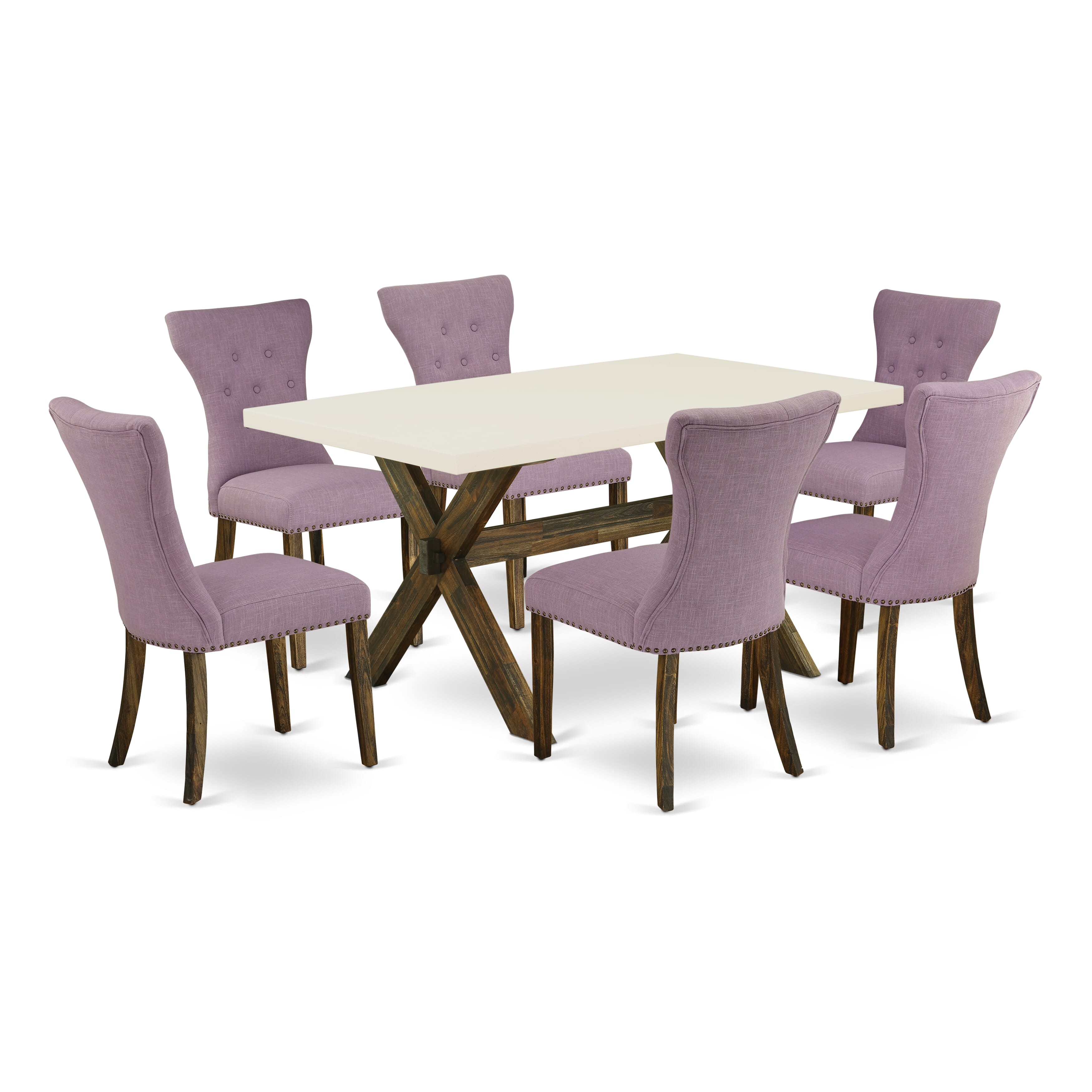 East West Furniture X726GA740-7 7-Piece Dining Table Set- 6 Dining Padded Chairs with Dahlia Linen Fabric Seat and Button Tufted Chair Back - Rectangular Table top & Wooden Cross Legs - linen white and Distressed Jacobean Finish