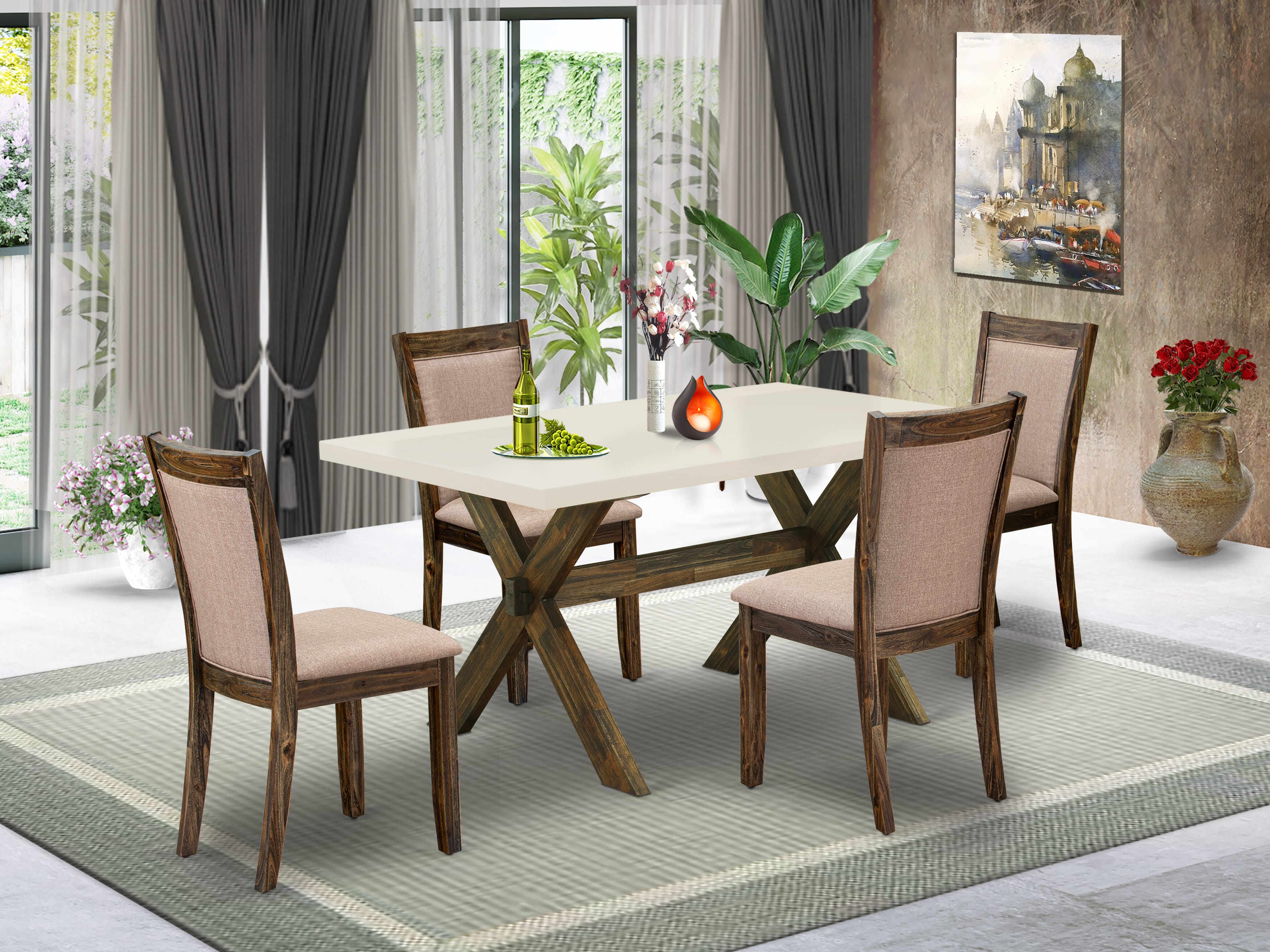 East West Furniture X726MZ716-5 5 Piece Dining Room Set - A linen white Top Kitchen Table with Trestle Base and 4 Dark Khaki Linen Fabric Chairs For Dining Room - Distressed Jacobean Finish