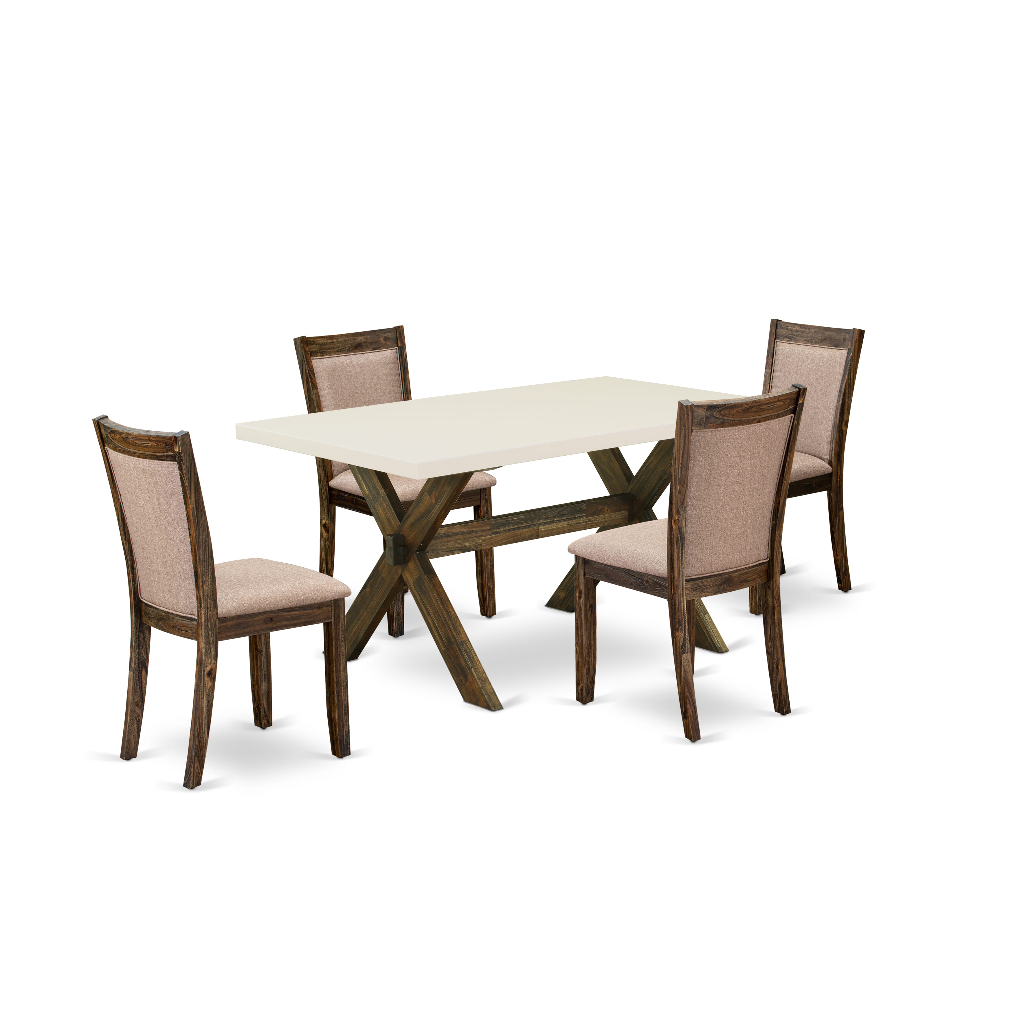 East West Furniture X726MZ716-5 5 Piece Dining Room Set - A linen white Top Kitchen Table with Trestle Base and 4 Dark Khaki Linen Fabric Chairs For Dining Room - Distressed Jacobean Finish