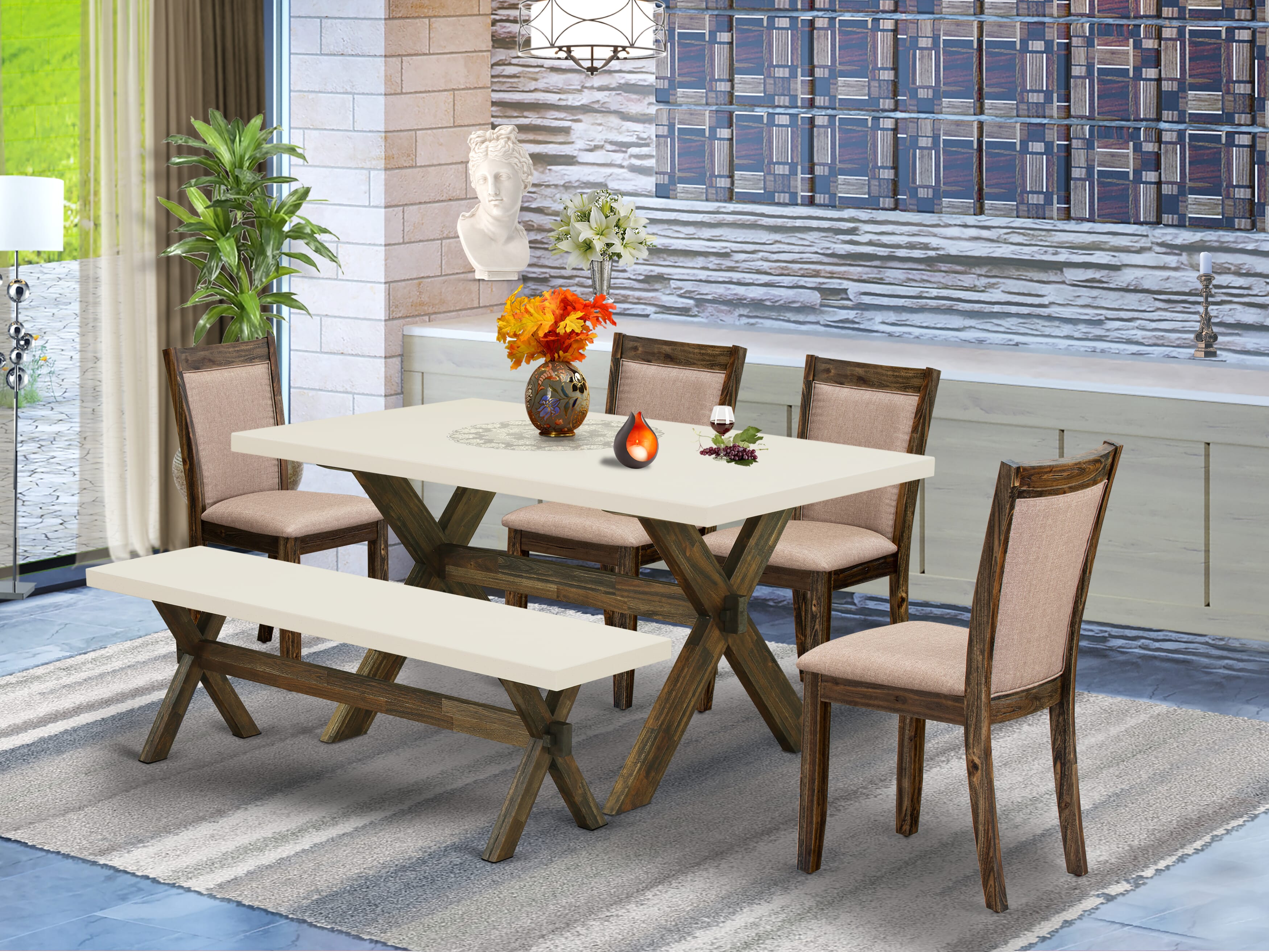 East West Furniture X726MZ716-6 6 Piece Dinning Set- A linen white Top Kitchen Table in Trestle Base with Wooden Bench and 4 Dark Khaki Linen Fabric Dining Chairs - Distressed Jacobean Finish
