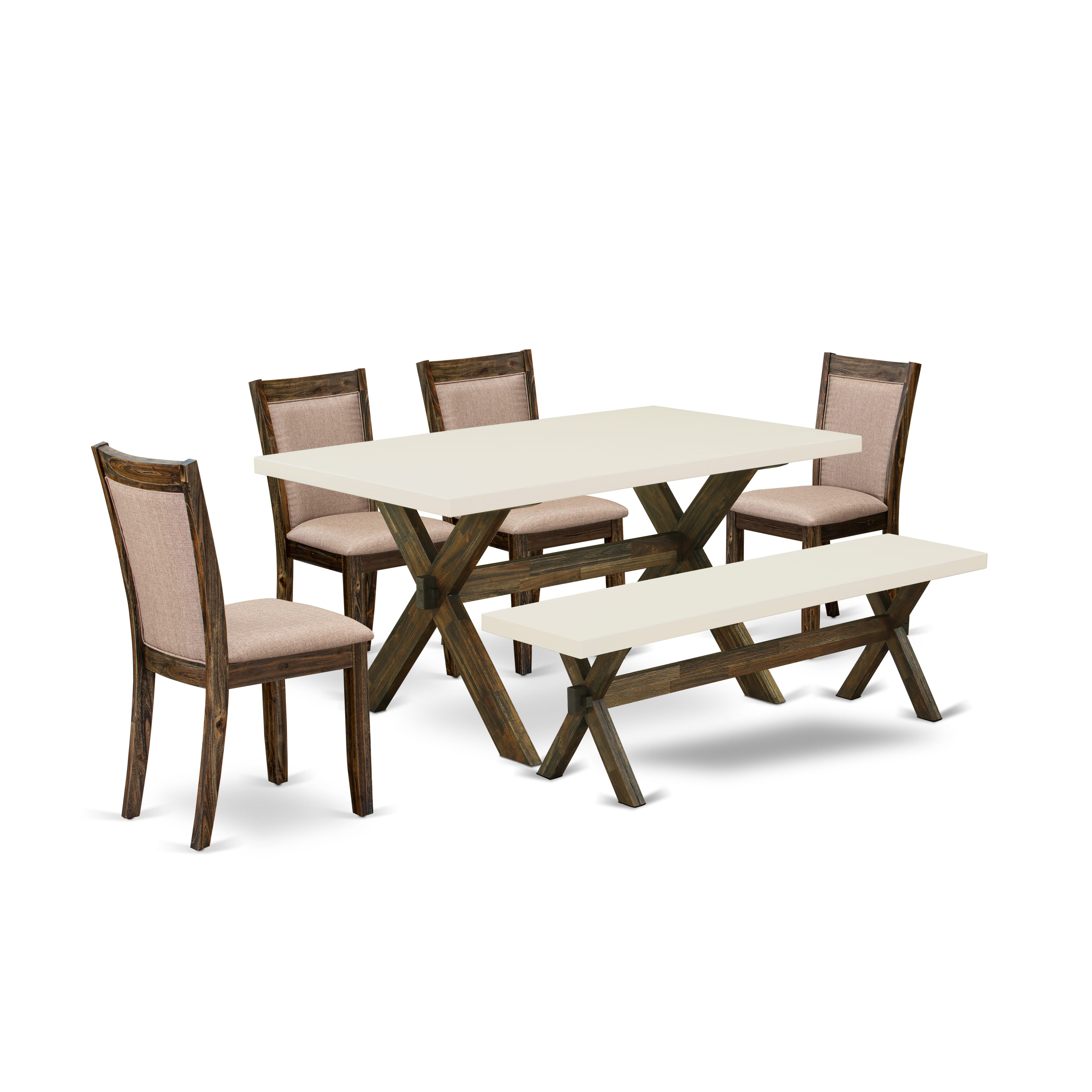 East West Furniture X726MZ716-6 6 Piece Dinning Set- A linen white Top Kitchen Table in Trestle Base with Wooden Bench and 4 Dark Khaki Linen Fabric Dining Chairs - Distressed Jacobean Finish