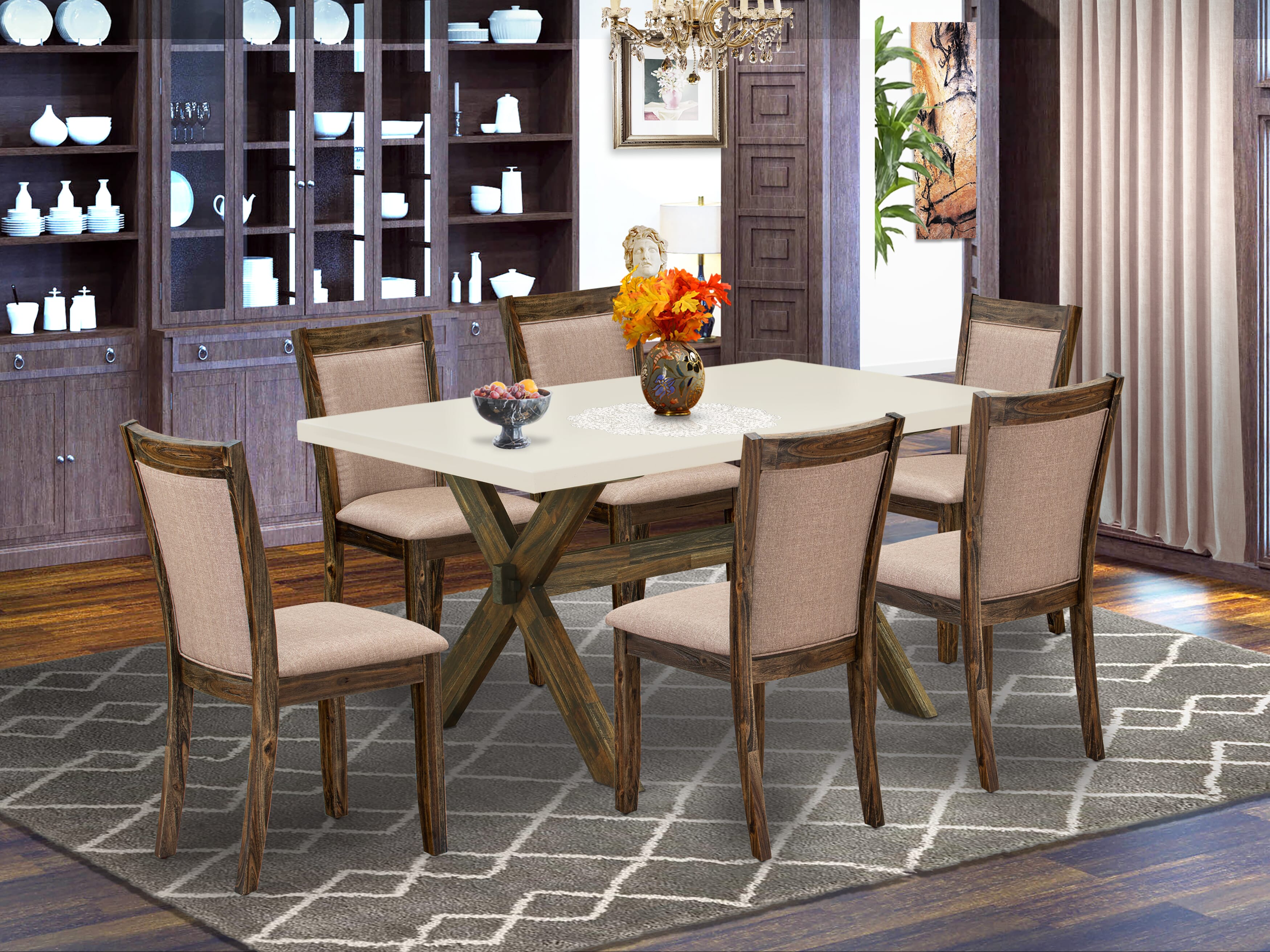 East West Furniture X726MZ716-7 7 Piece Modern Table Set - A linen white Top Dining Table with Trestle Base and 6 Dark Khaki Linen Fabric Kitchen & Dining Room Chairs - Distressed Jacobean Finish