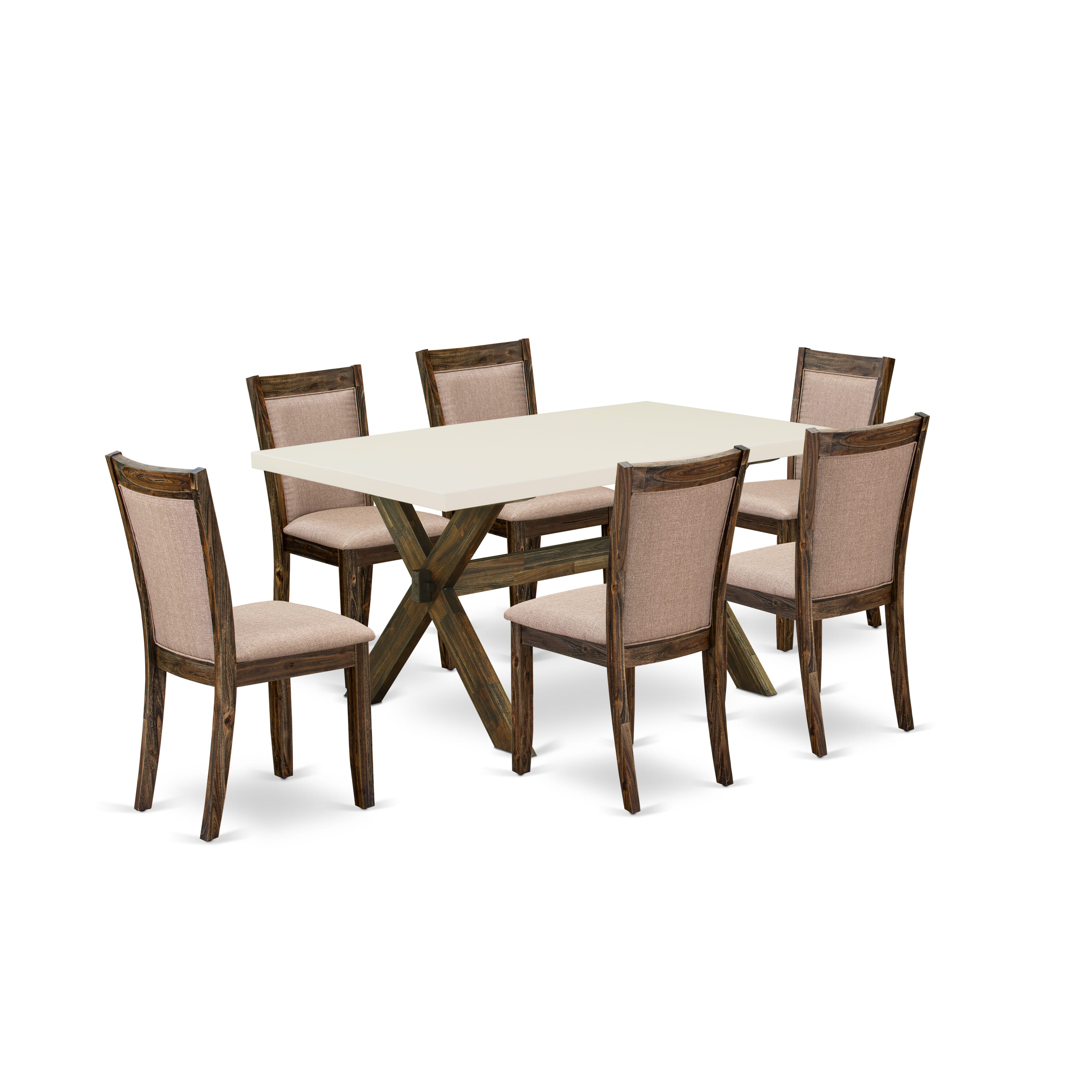 East West Furniture X726MZ716-7 7 Piece Modern Table Set - A linen white Top Dining Table with Trestle Base and 6 Dark Khaki Linen Fabric Kitchen & Dining Room Chairs - Distressed Jacobean Finish