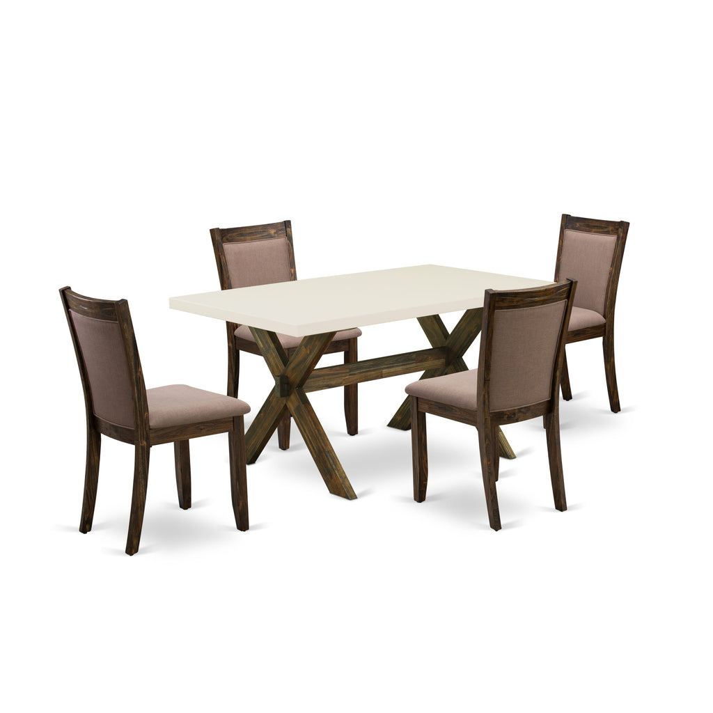 Juego de mesa de comedor de 5 piezas East West Furniture X726MZ748-5. Incluye una mesa de comedor rectangular con patas en forma de X y 4 sillas Parson tapizadas en tela de lino color café.