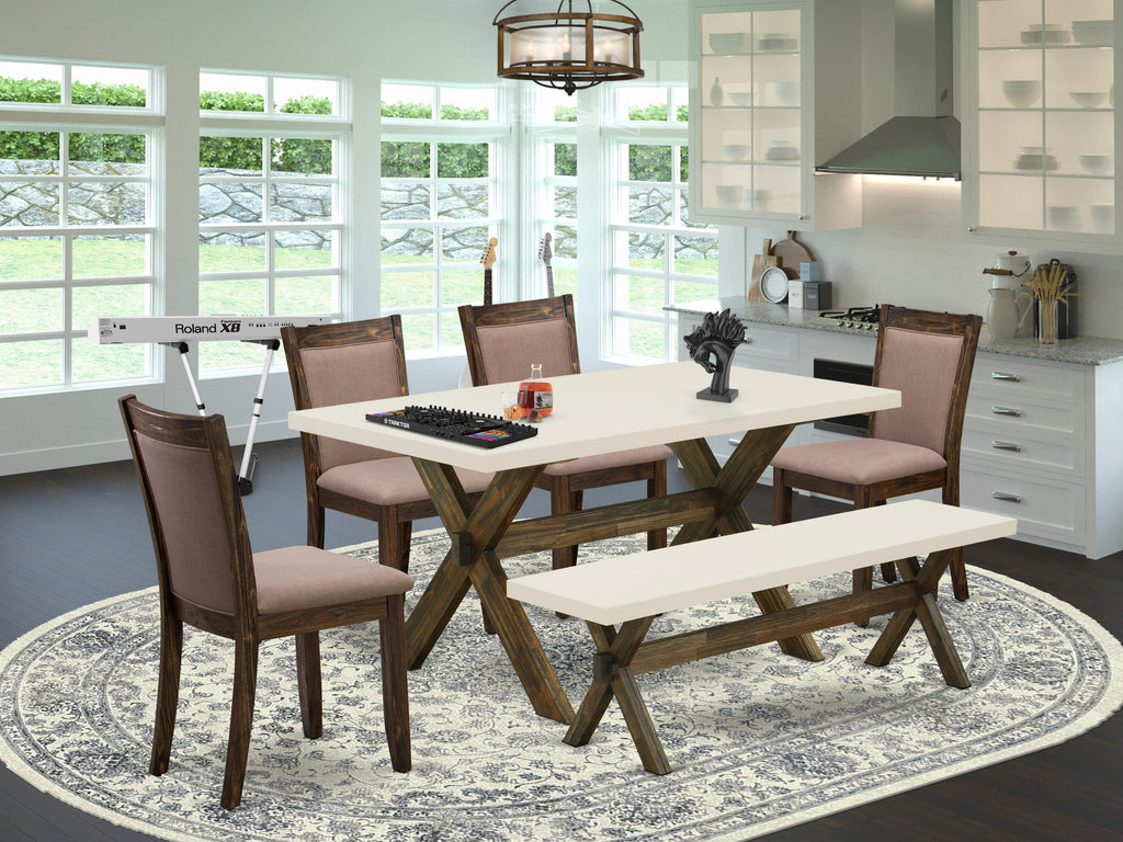 Juego de mesa de comedor de 6 piezas East West Furniture X726MZ748-6. Contiene una mesa rectangular con patas en forma de X y 4 sillas tapizadas en tela de lino color café con un banco.
