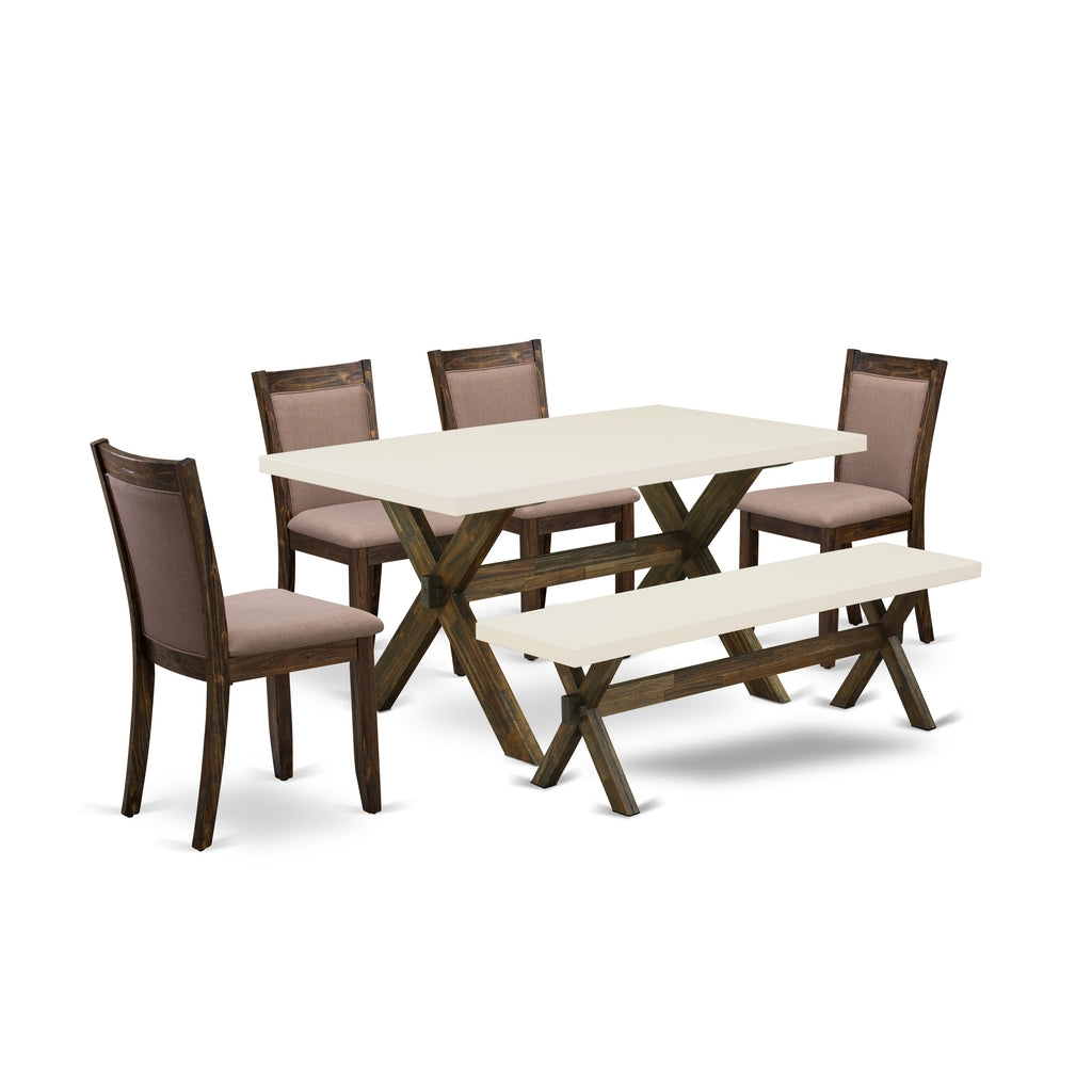 Juego de mesa de comedor de 6 piezas East West Furniture X726MZ748-6. Contiene una mesa rectangular con patas en forma de X y 4 sillas tapizadas en tela de lino color café con un banco.