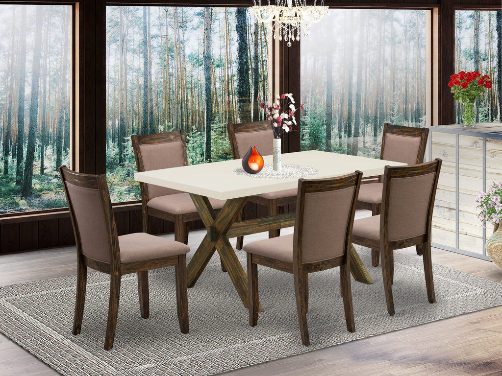 Juego de comedor de 7 piezas East West Furniture X726MZ748-7 compuesto por una mesa de comedor rectangular con patas en forma de X y 6 sillas de comedor Parsons de tela de lino color café.