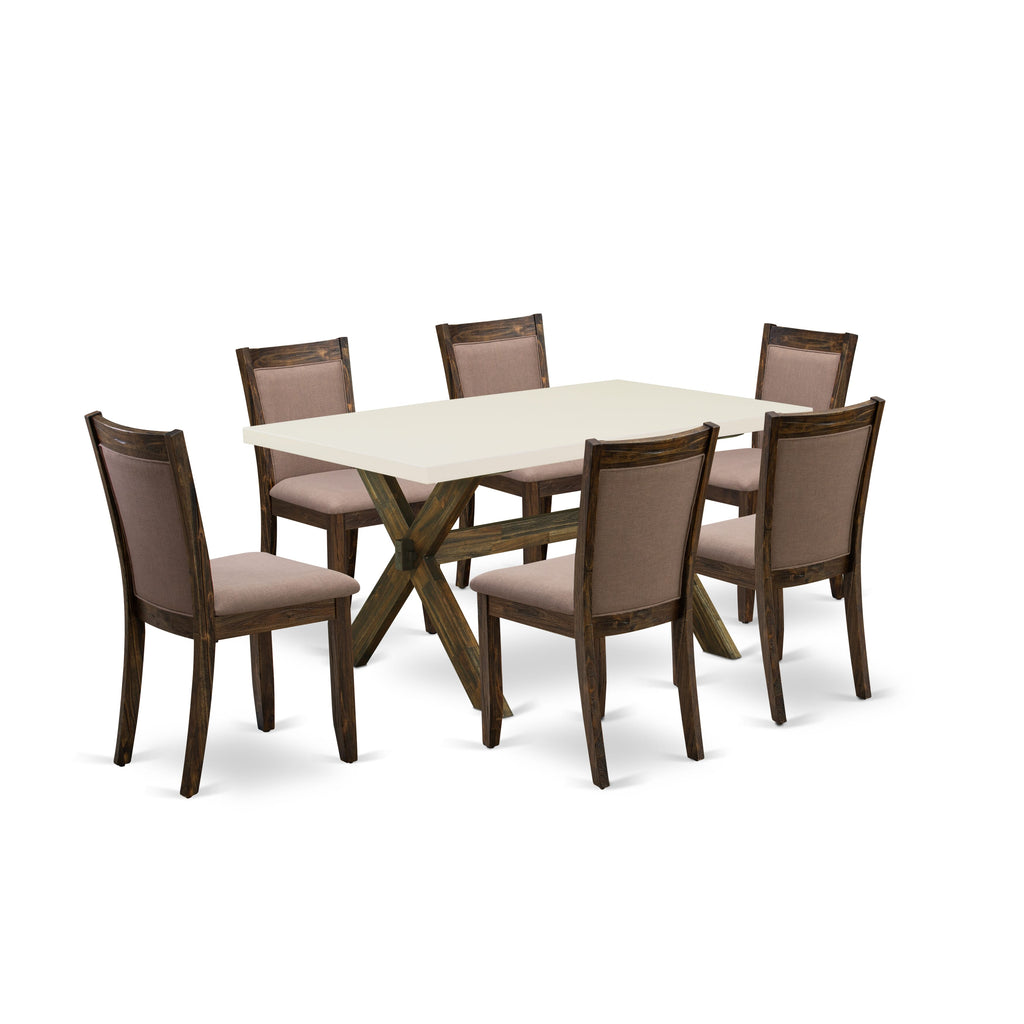 Juego de comedor de 7 piezas East West Furniture X726MZ748-7 compuesto por una mesa de comedor rectangular con patas en forma de X y 6 sillas de comedor Parsons de tela de lino color café.