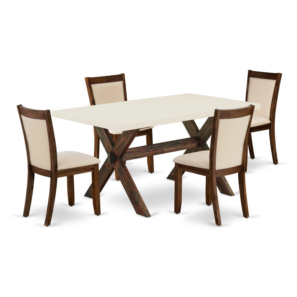 East West Furniture X726MZN32-5 5-Piece Dining Room Set Contains a Dinning Table and 4 Light Beige Linen Fabric Upholstered Chairs with Stylish Back - Distressed Jacobean Finish