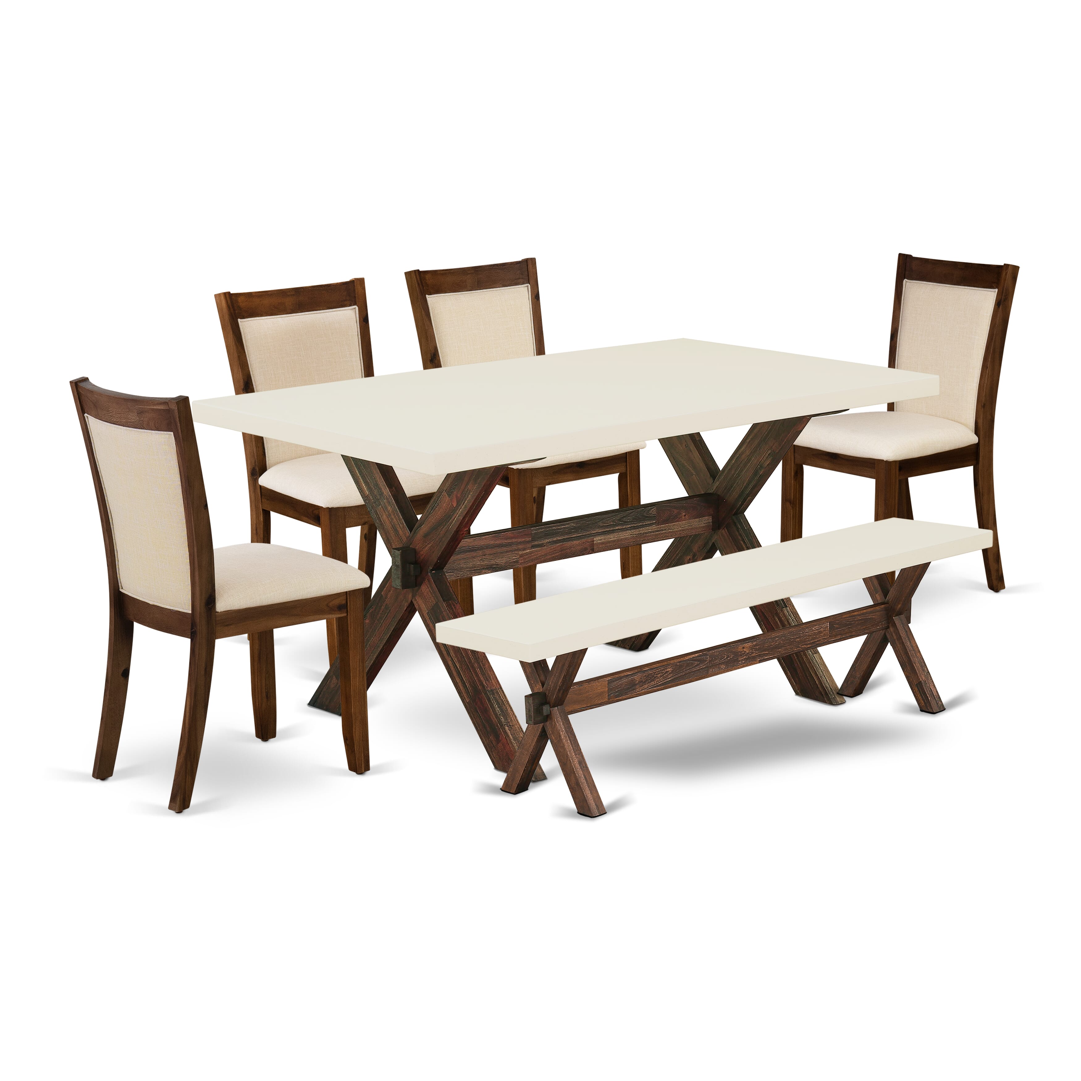 East West Furniture X726MZN32-6 6-Pc Dining Room Set Includes a Modern Table and a Small Bench with 4 Light Beige Linen Fabric Parson Dining Chairs with Stylish Back - Distressed Jacobean Finish