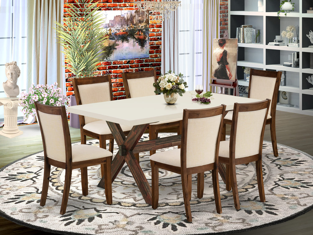 East West Furniture X726MZN32-7 7-Piece Kitchen Table Set Consists of a Dining Room Table and 6 Light Beige Linen Fabric Dining Room Chairs with Stylish Back - Distressed Jacobean Finish