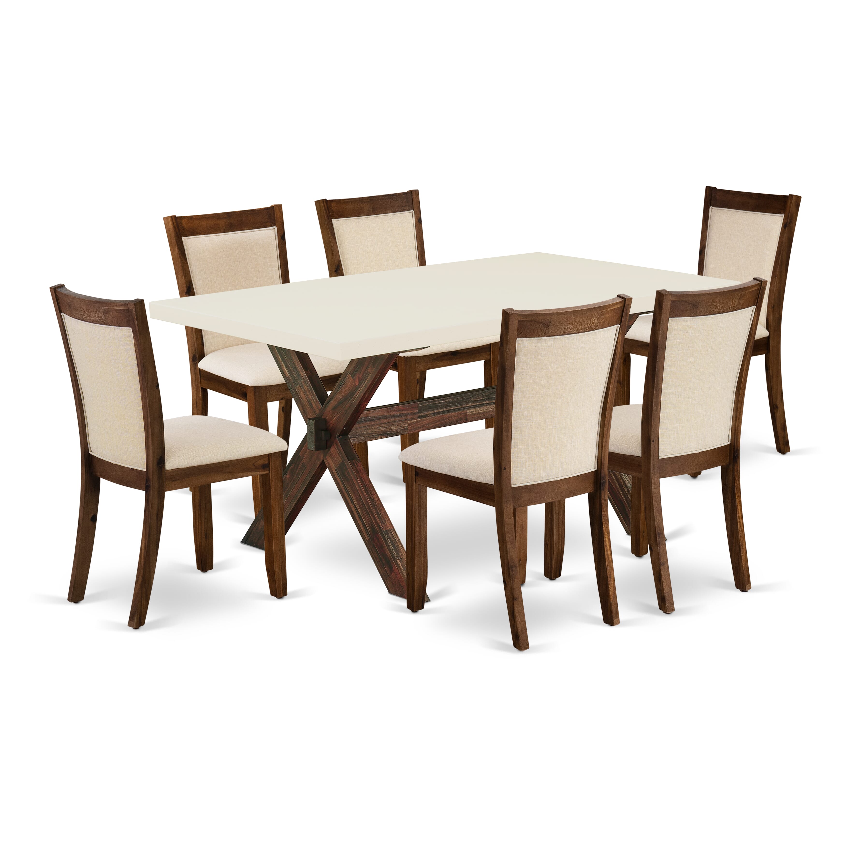 East West Furniture X726MZN32-7 7-Piece Kitchen Table Set Consists of a Dining Room Table and 6 Light Beige Linen Fabric Dining Room Chairs with Stylish Back - Distressed Jacobean Finish
