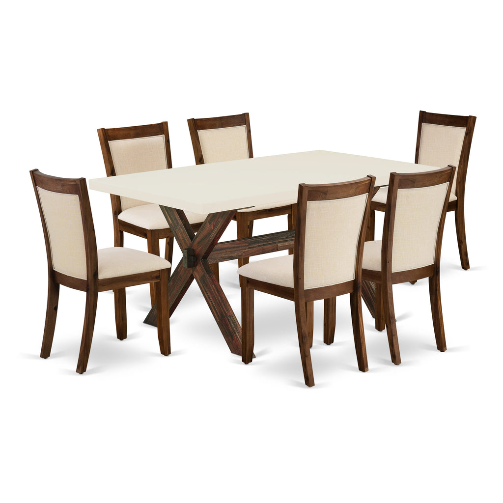 East West Furniture X726MZN32-7 7-Piece Kitchen Table Set Consists of a Dining Room Table and 6 Light Beige Linen Fabric Dining Room Chairs with Stylish Back - Distressed Jacobean Finish