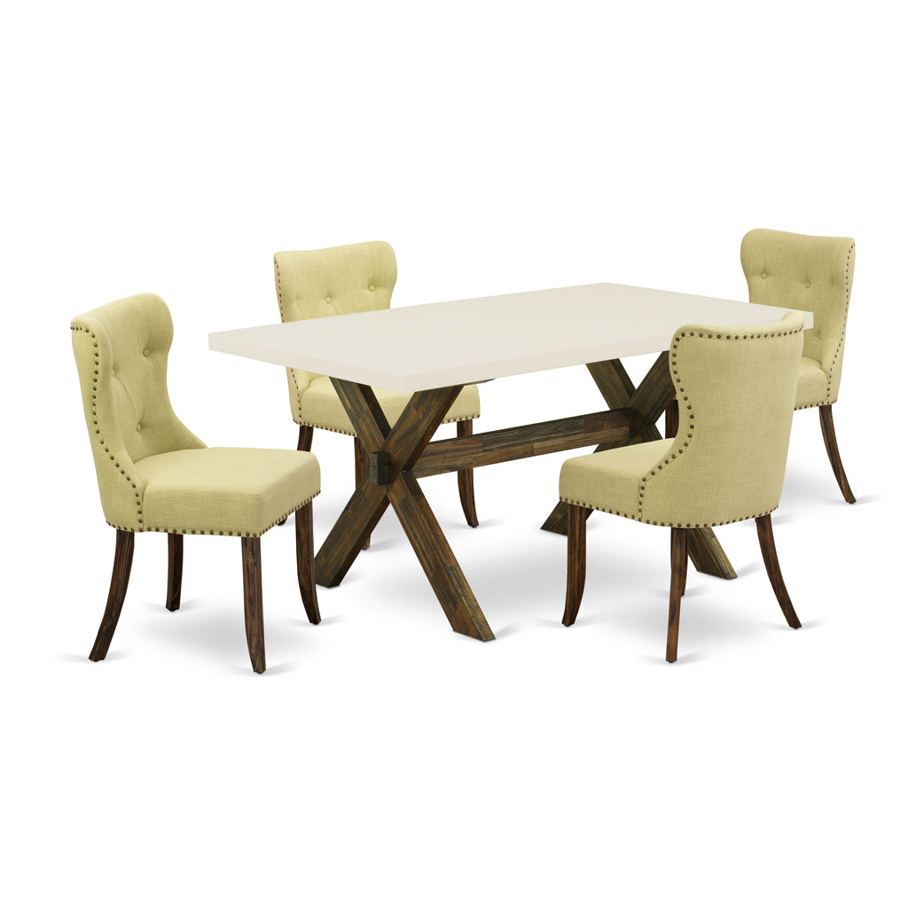 East West Furniture X726SI737-5 5-Piece Dinette Set- 4 dining room chairs with Limelight Linen Fabric Seat and Button Tufted Chair Back - Dining Table - linen white Finish