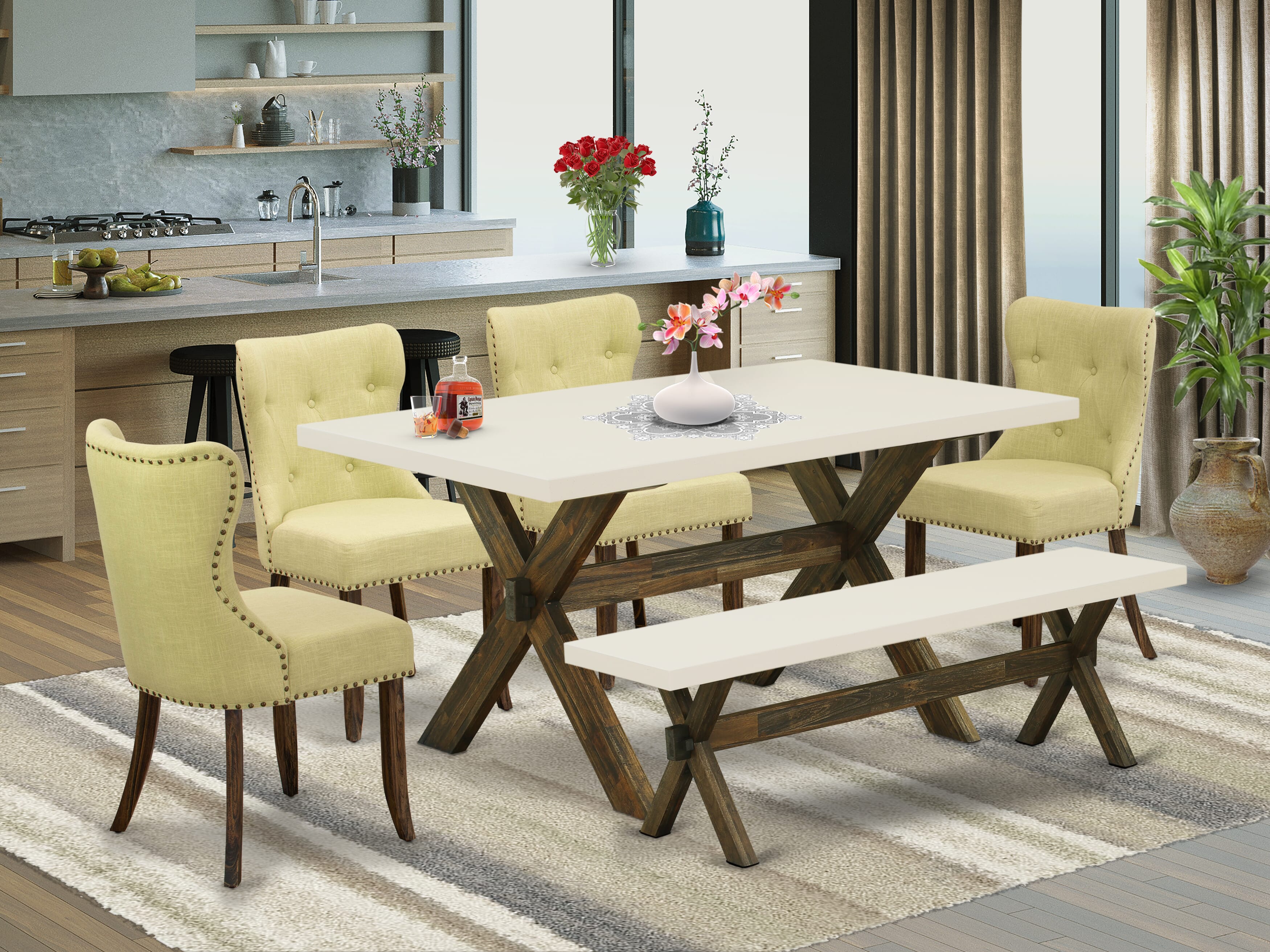East West Furniture X726SI737-6 6-Pc Kitchen Dining Set- 4 Limelight Linen Fabric dining room chairs with Button Tufted Back - A Wood Dining Table and 1 Wooden Bench (linen white Finish)