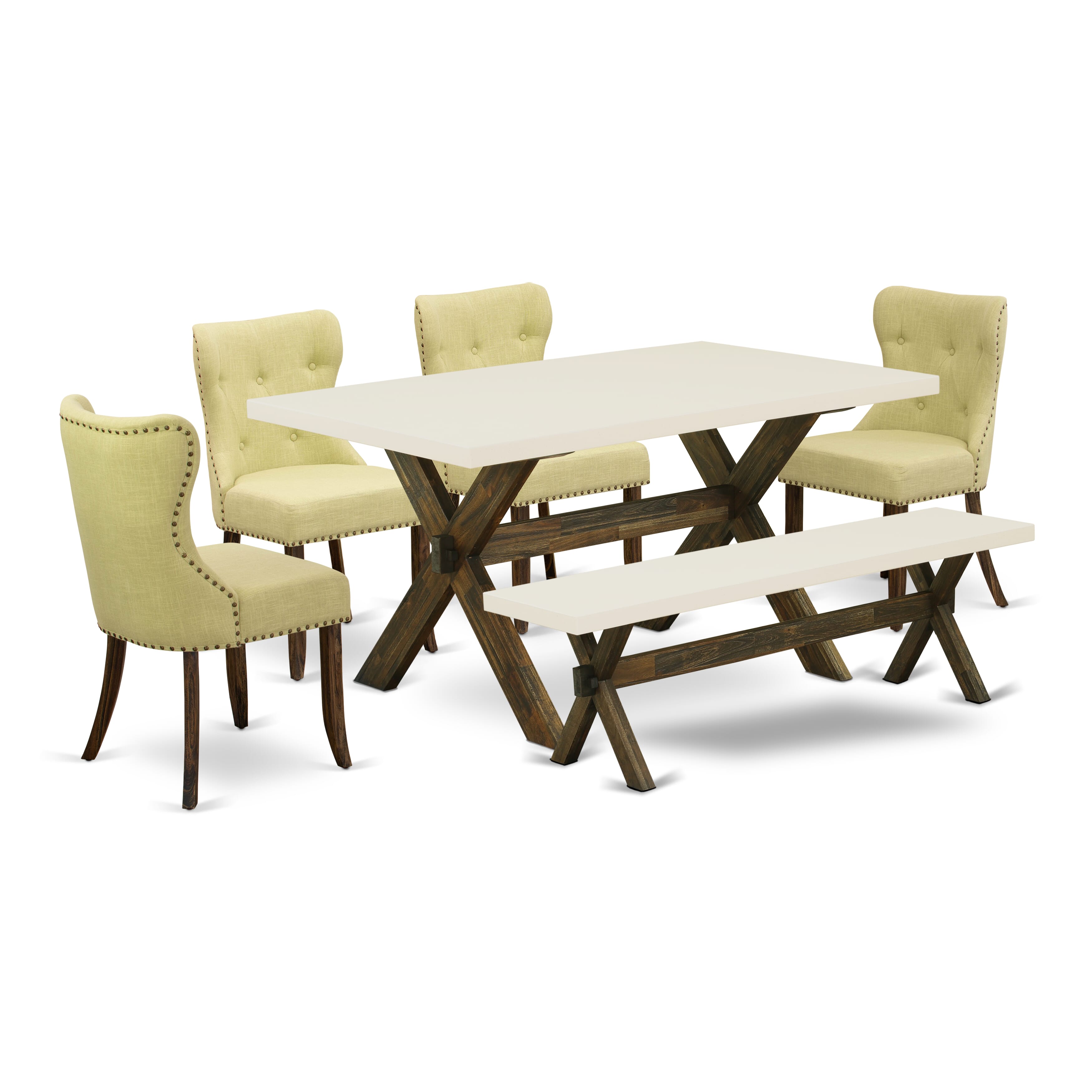 East West Furniture X726SI737-6 6-Pc Kitchen Dining Set- 4 Limelight Linen Fabric dining room chairs with Button Tufted Back - A Wood Dining Table and 1 Wooden Bench (linen white Finish)