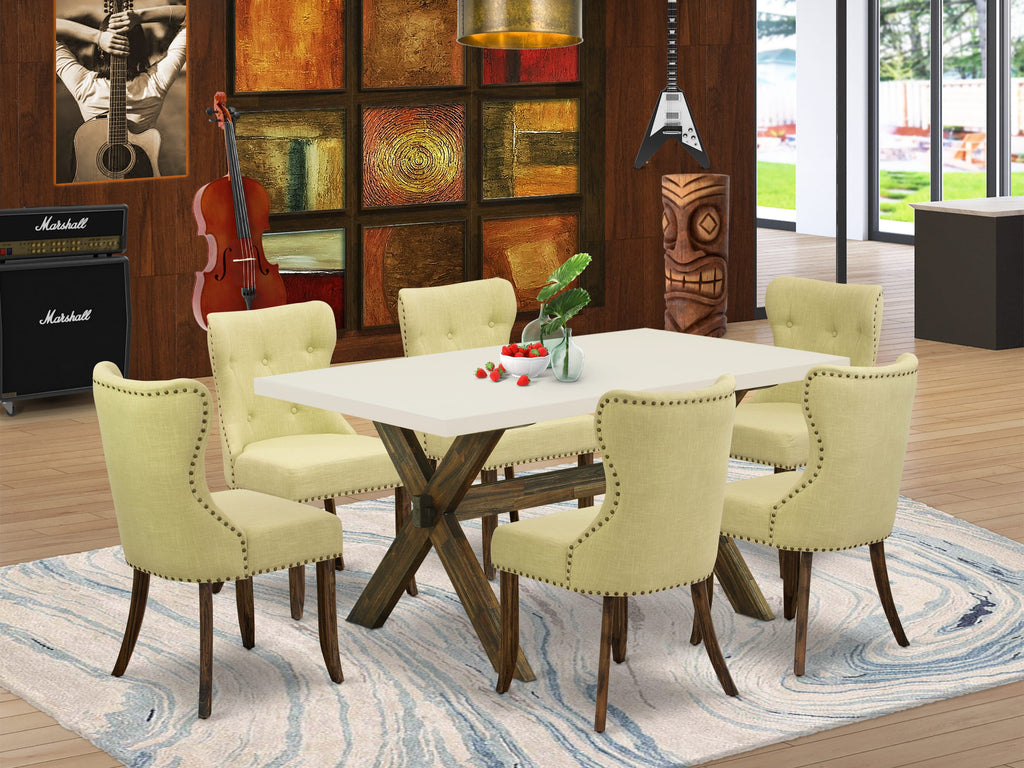 East West Furniture X726SI737-7 7-Pc Dining Room Table Set- 6 Upholstered Dining Chairs with Limelight Linen Fabric Seat and Button Tufted Chair Back - Rectangular Table top & Wooden Cross Legs - linen white and Distressed Jacobean Finish