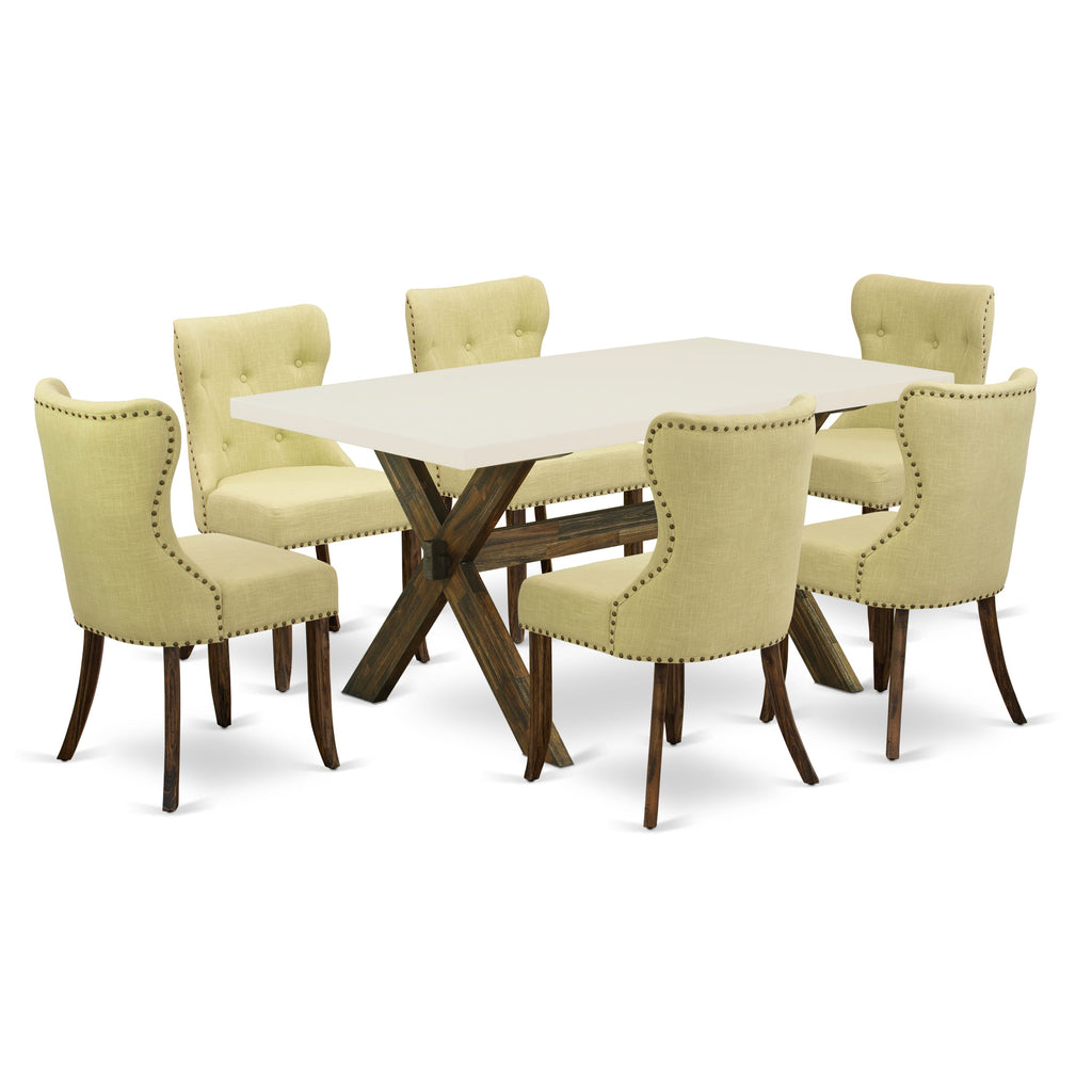 East West Furniture X726SI737-7 7-Pc Dining Room Table Set- 6 Upholstered Dining Chairs with Limelight Linen Fabric Seat and Button Tufted Chair Back - Rectangular Table top & Wooden Cross Legs - linen white and Distressed Jacobean Finish