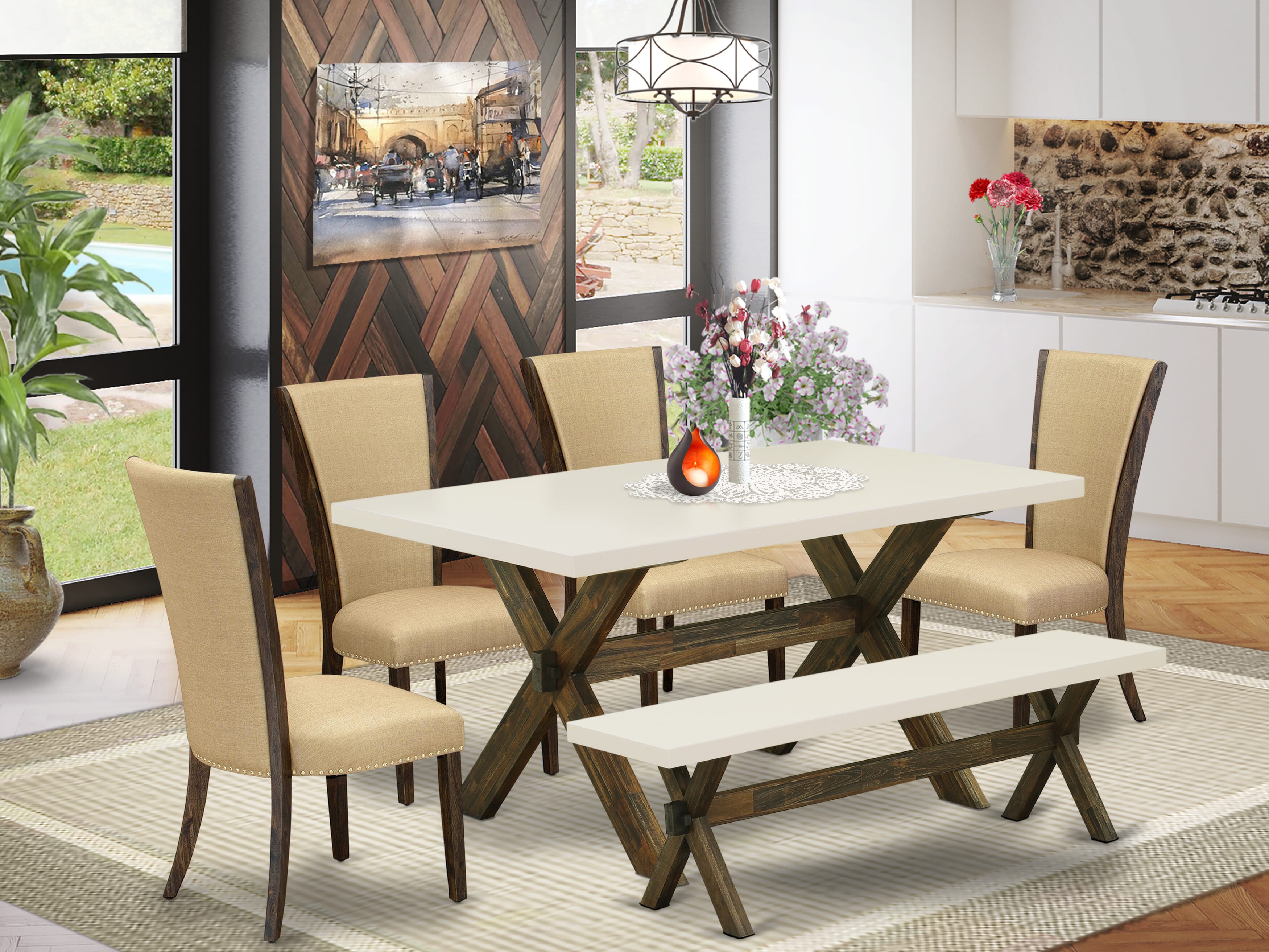 East West Furniture X726VE703-6 6 Piece Table Set - 4 Brown Linen Fabric Comfortable Chair with Nailheads and linen white Rectangular Dining Table - 1 Wooden Bench - Distressed Jacobean Finish