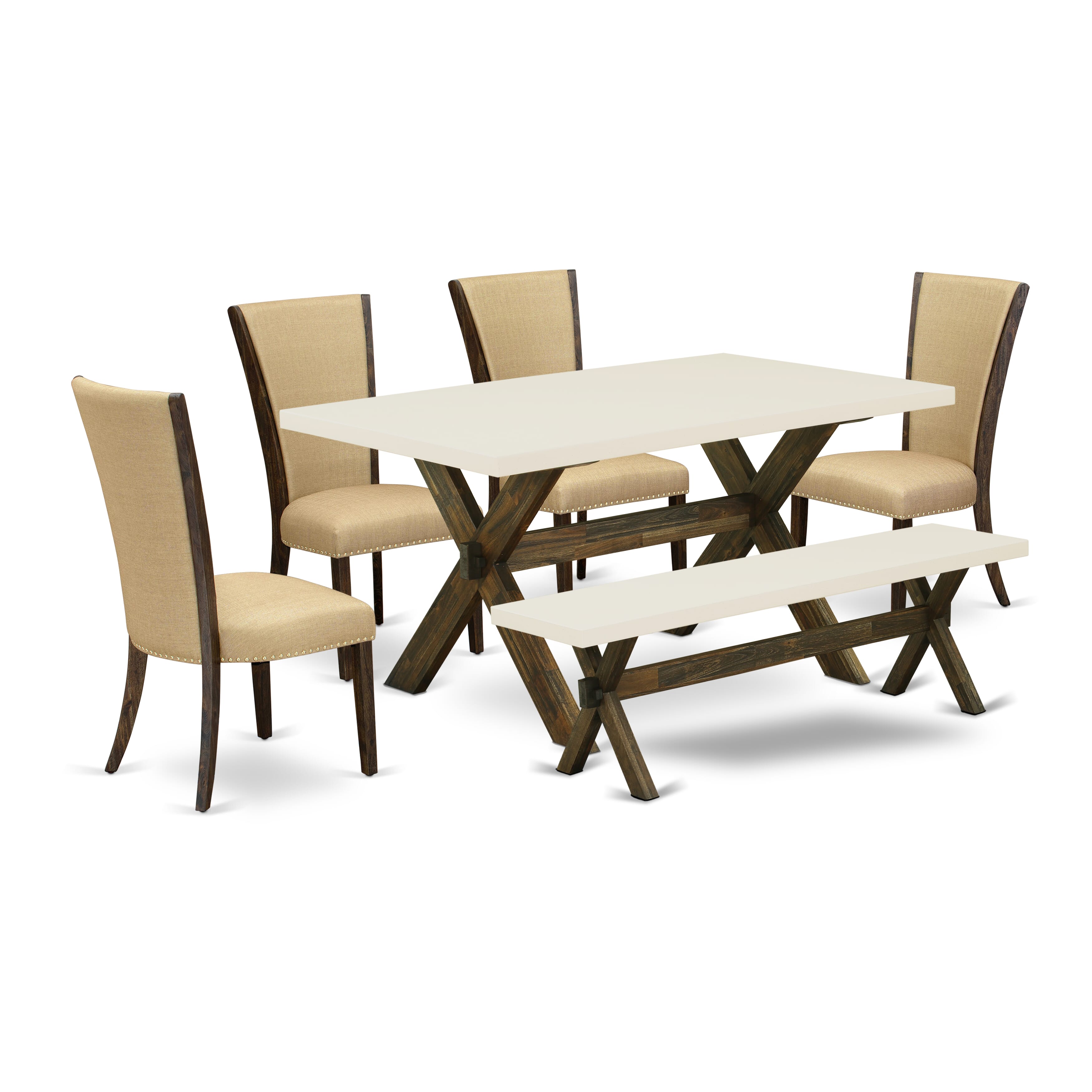 East West Furniture X726VE703-6 6 Piece Table Set - 4 Brown Linen Fabric Comfortable Chair with Nailheads and linen white Rectangular Dining Table - 1 Wooden Bench - Distressed Jacobean Finish