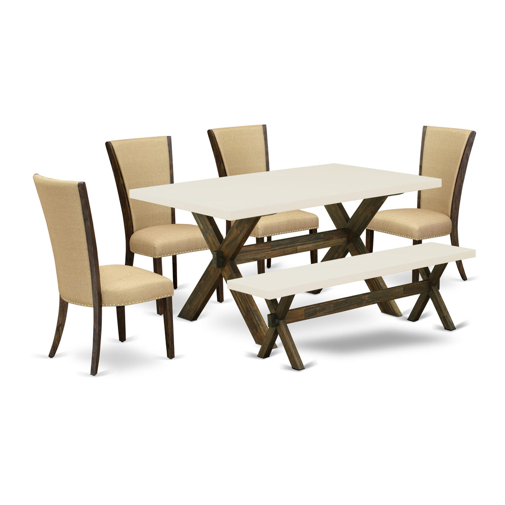 Juego de mesa de cocina de 6 piezas East West Furniture X726VE703-6. Contiene una mesa de comedor rectangular con patas en forma de X y 4 sillas Parson de tela de lino marrón con un banco.