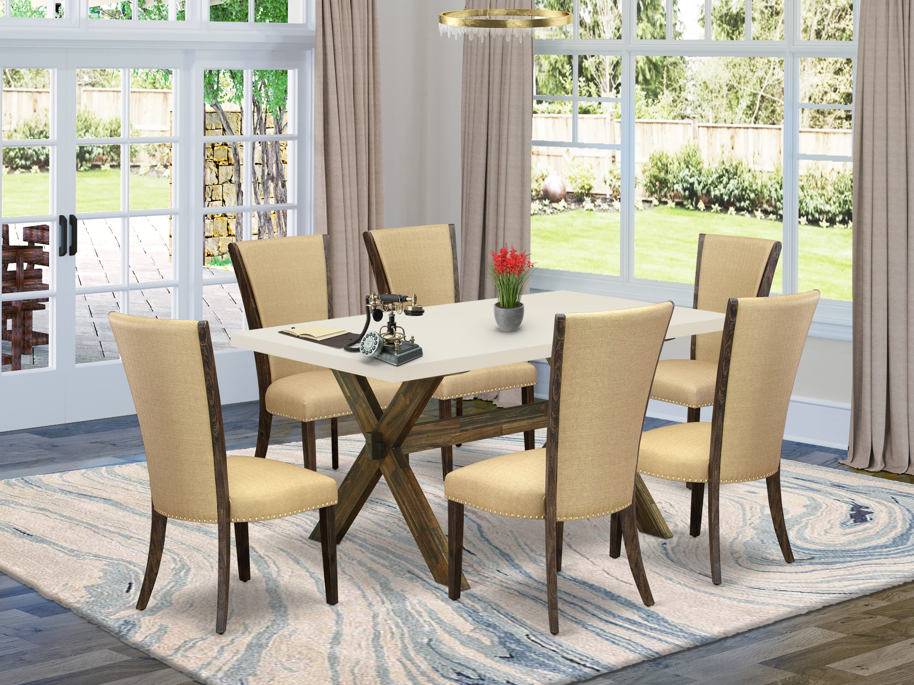 East West Furniture X726VE703-7 7Pc Dining Room Table Set Includes a Wood Table and 6 Upholstered Dining Chairs with Brown Color Linen Fabric, Medium Size Table with Full Back Chairs, Distressed Jacobean and Linen White Finish