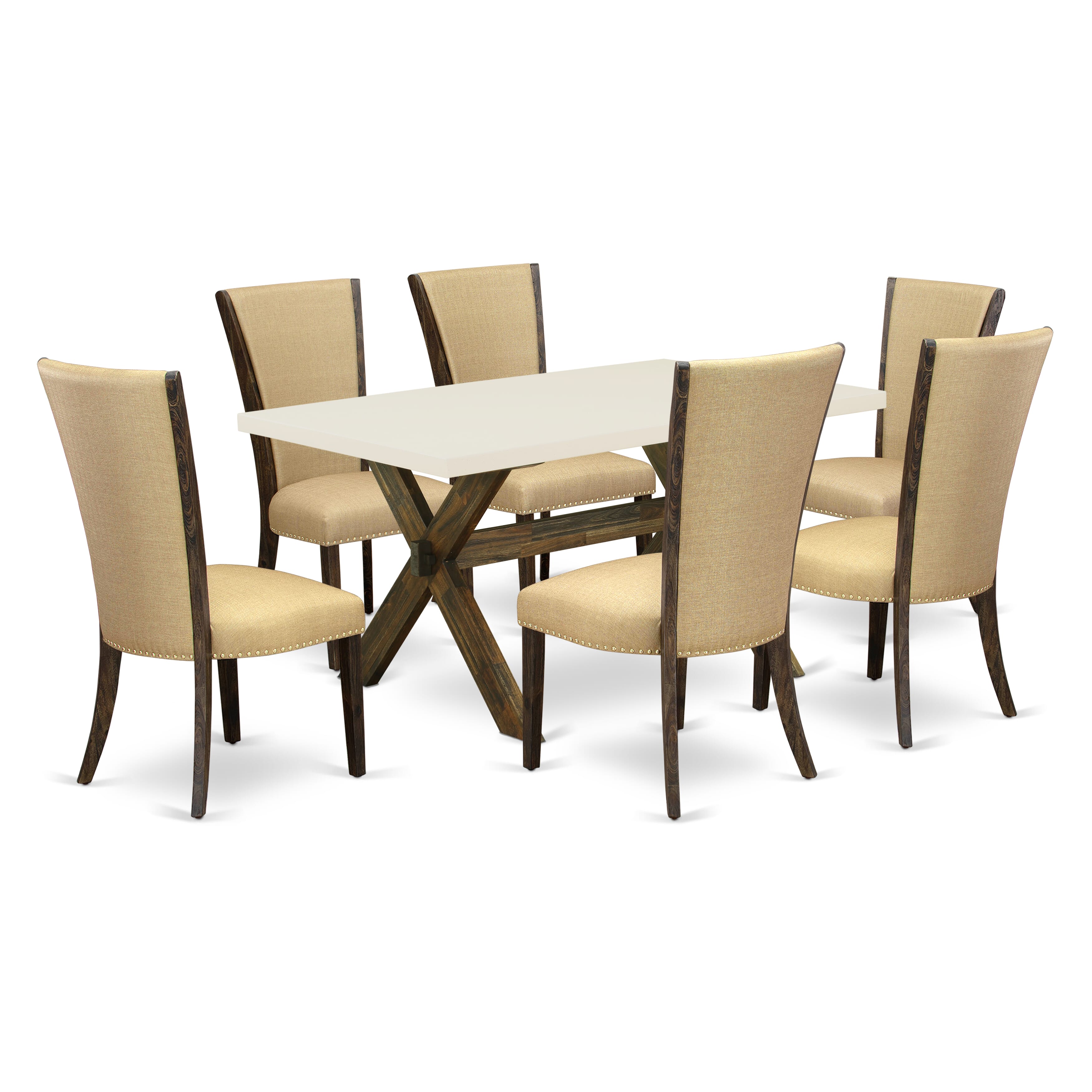 East West Furniture X726VE703-7 7Pc Dining Room Table Set Includes a Wood Table and 6 Upholstered Dining Chairs with Brown Color Linen Fabric, Medium Size Table with Full Back Chairs, Distressed Jacobean and Linen White Finish