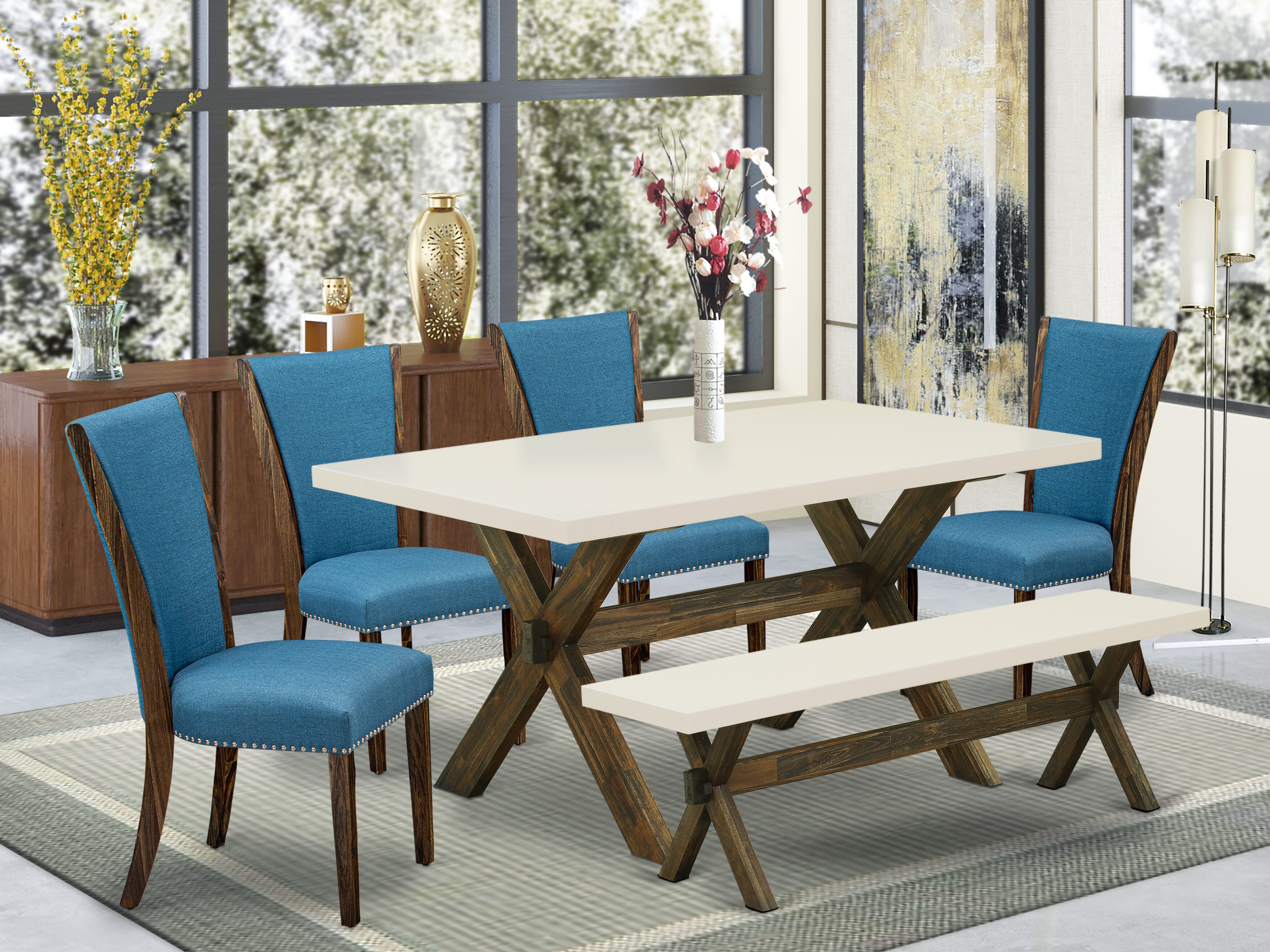 East West Furniture X726VE721-6 6 Piece Table Set - 4 Blue Linen Fabric Comfortable Chair with Nailheads and linen white Modern Dining Table - 1 Wooden Bench - Distressed Jacobean Finish