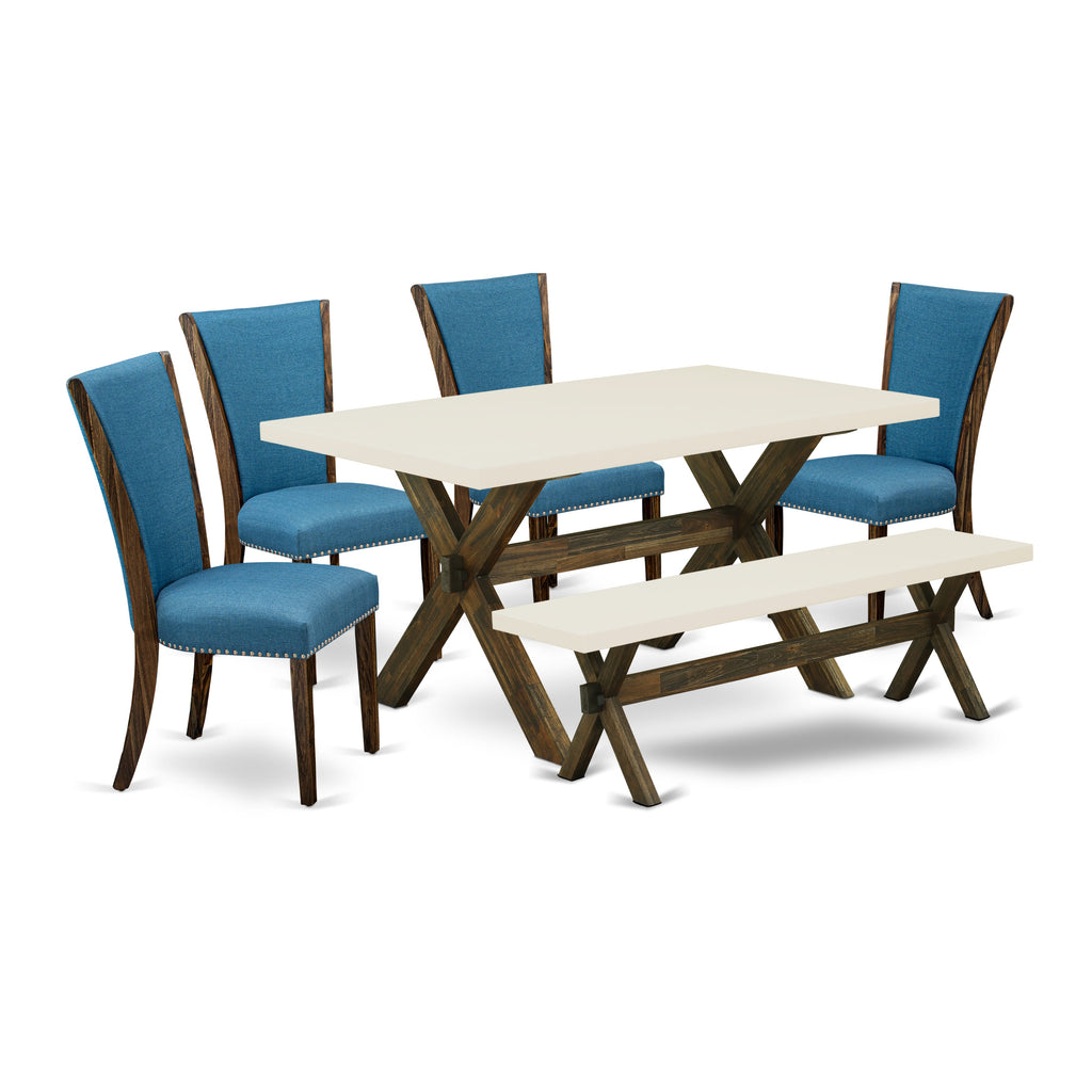 East West Furniture X726VE721-6 6 Piece Table Set - 4 Blue Linen Fabric Comfortable Chair with Nailheads and linen white Modern Dining Table - 1 Wooden Bench - Distressed Jacobean Finish