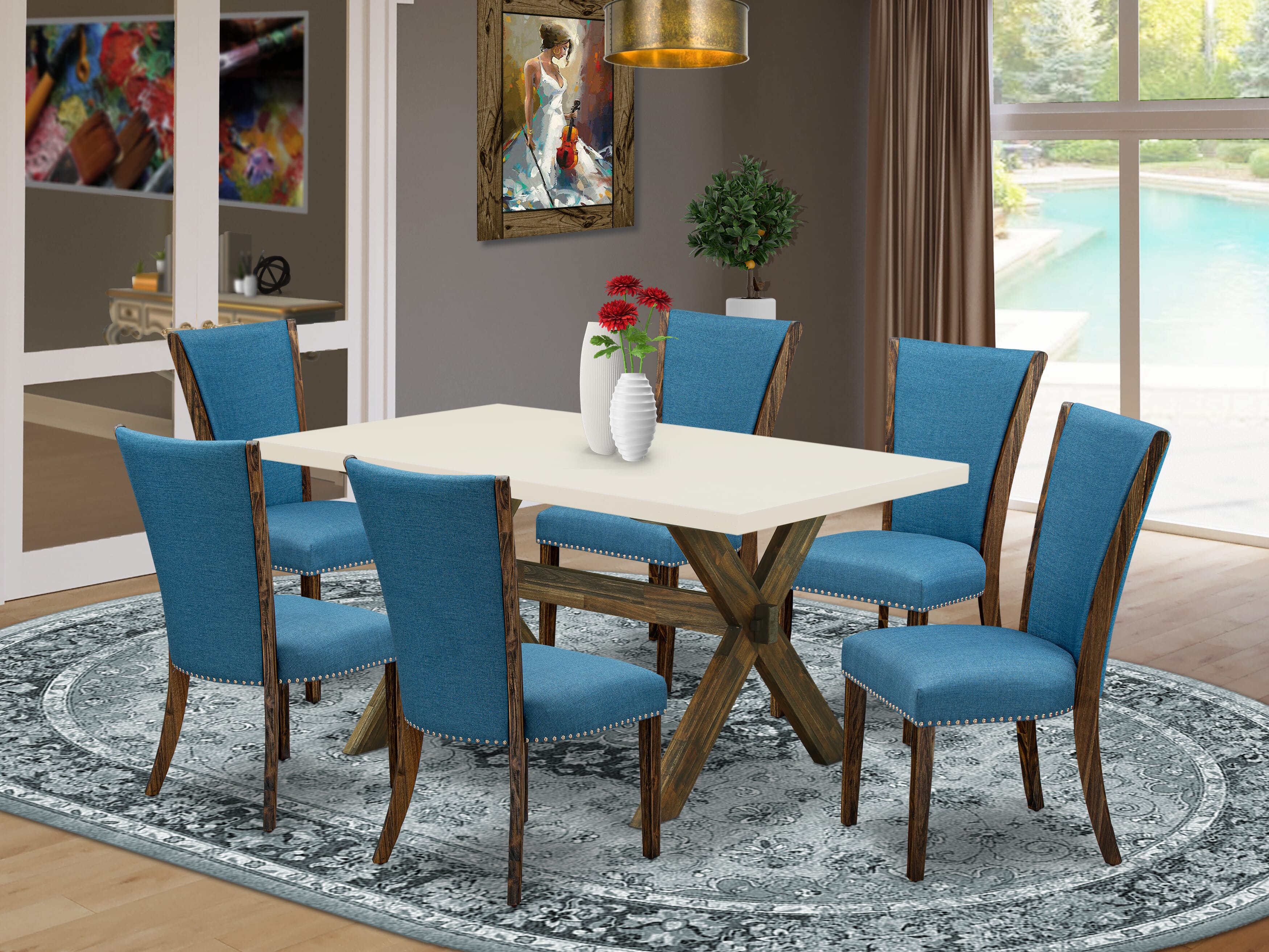 East West Furniture X726VE721-7 7Pc Dinette Sets for Small Spaces Consists of a Wood Table and 6 Parsons Dining Chairs with Blue Color Linen Fabric, Distressed Jacobean and Linen White Finish