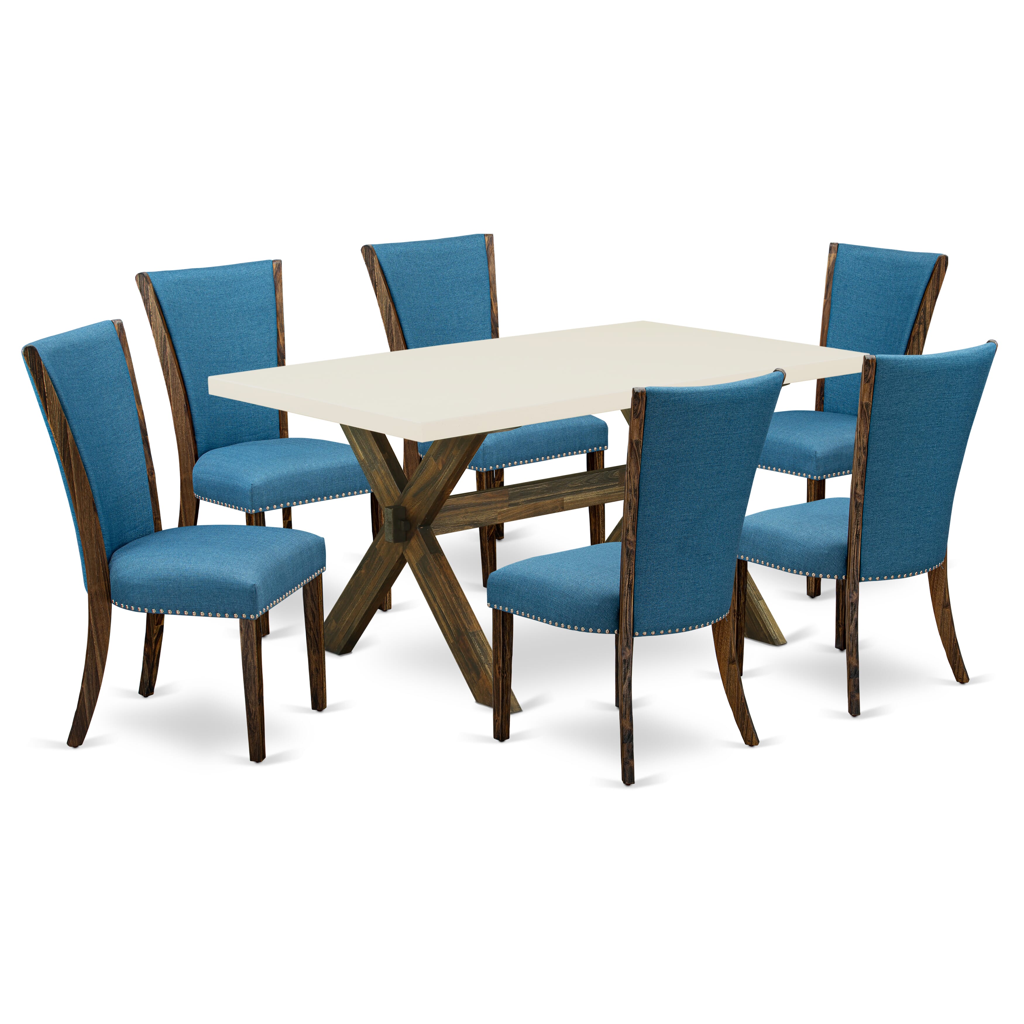East West Furniture X726VE721-7 7Pc Dinette Sets for Small Spaces Consists of a Wood Table and 6 Parsons Dining Chairs with Blue Color Linen Fabric, Distressed Jacobean and Linen White Finish