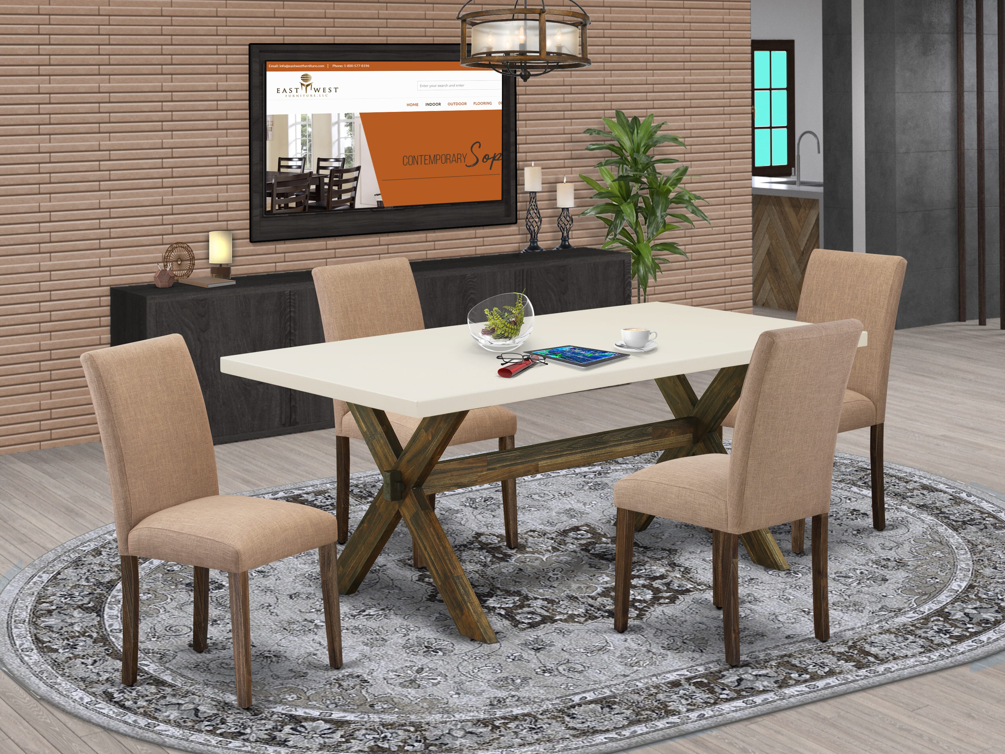 East West Furniture 5-Pc Table and Chairs Dining Set Includes 4 Dining Room Chairs with Upholstered Seat and High Back and a Rectangular Table - Distressed Jacobean Finish