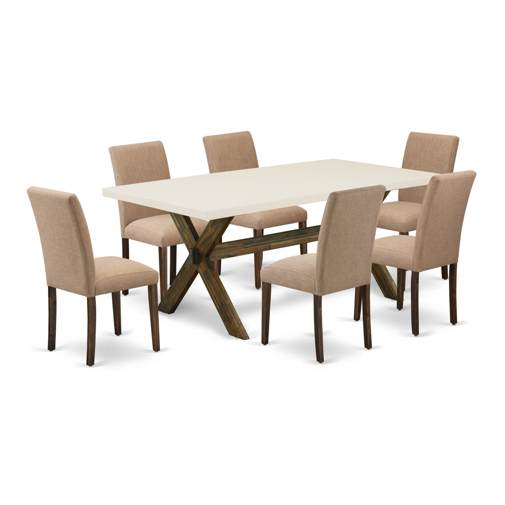 East West Furniture X727AB747-7 7 Piece Dining Room Furniture Set Consist of a Rectangle Dining Table with X-Legs and 6 Light Sable Linen Fabric Parson Chairs