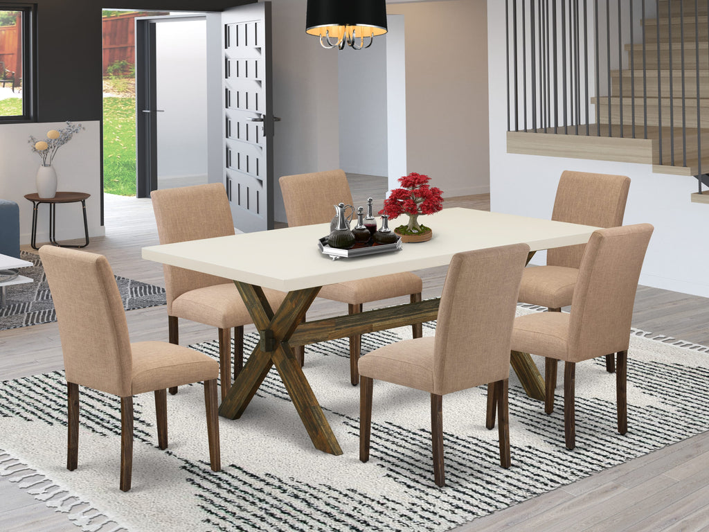 East West Furniture X727AB747-7 7 Piece Dining Room Furniture Set Consist of a Rectangle Dining Table with X-Legs and 6 Light Sable Linen Fabric Parson Chairs
