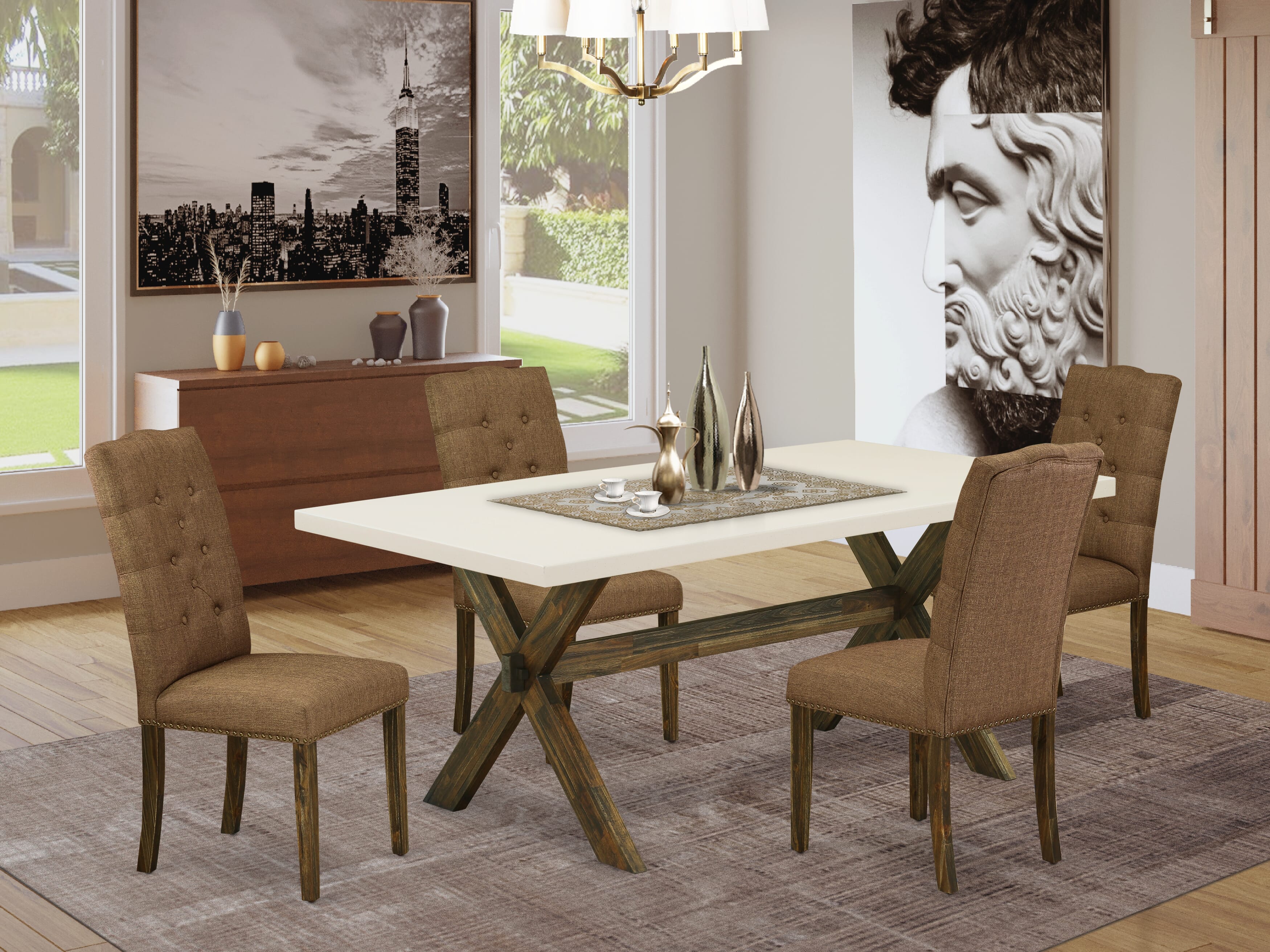 East West Furniture X727EL718-5 5-Pc Rectangular Dining Table SetIncluded 4 Dining chairs Upholstered Seat and High Button Tufted Chair Back and Rectangular Mid Century Dining Table with linen white Dinette Table top (Distressed Jacobean Finish)