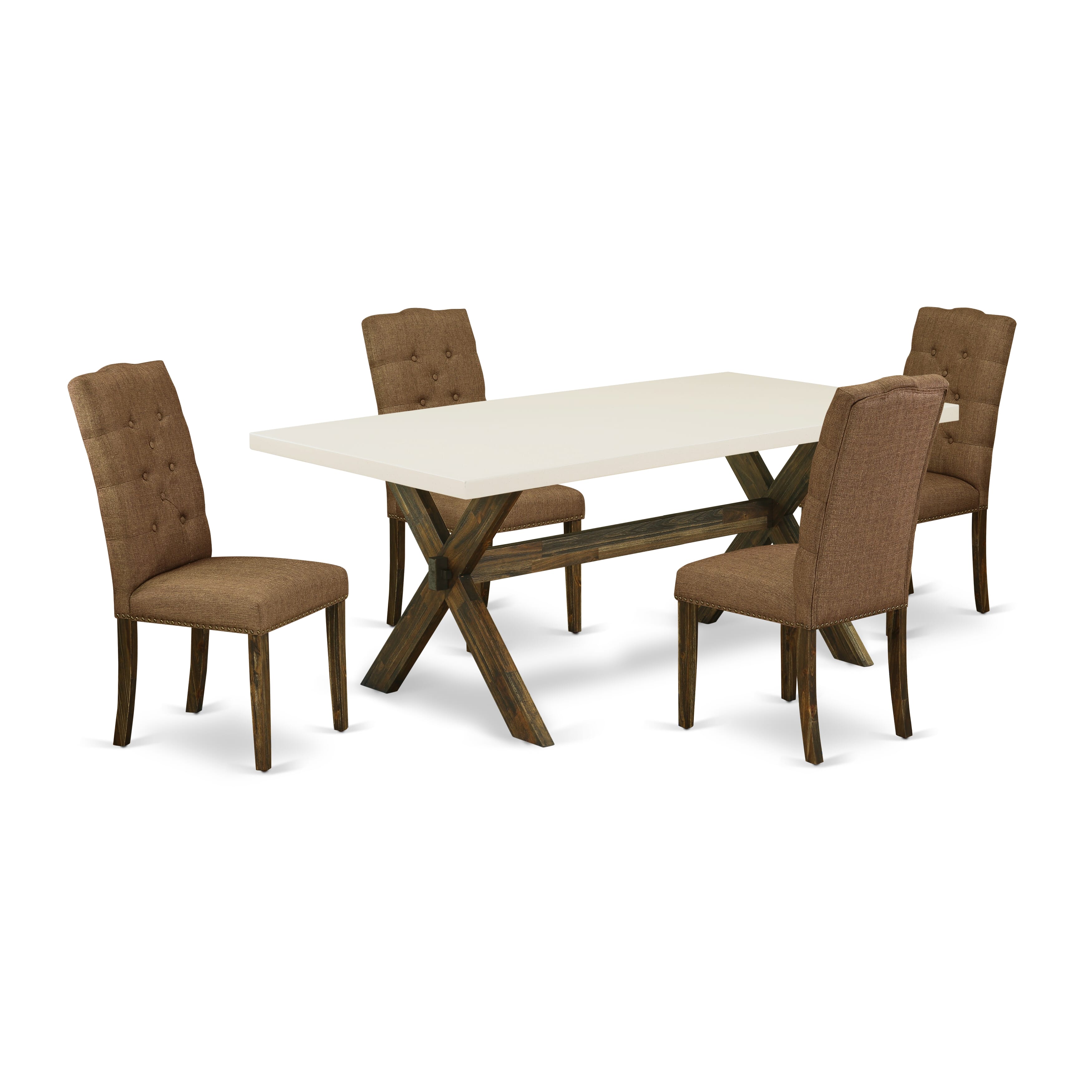 East West Furniture X727EL718-5 5-Pc Rectangular Dining Table SetIncluded 4 Dining chairs Upholstered Seat and High Button Tufted Chair Back and Rectangular Mid Century Dining Table with linen white Dinette Table top (Distressed Jacobean Finish)