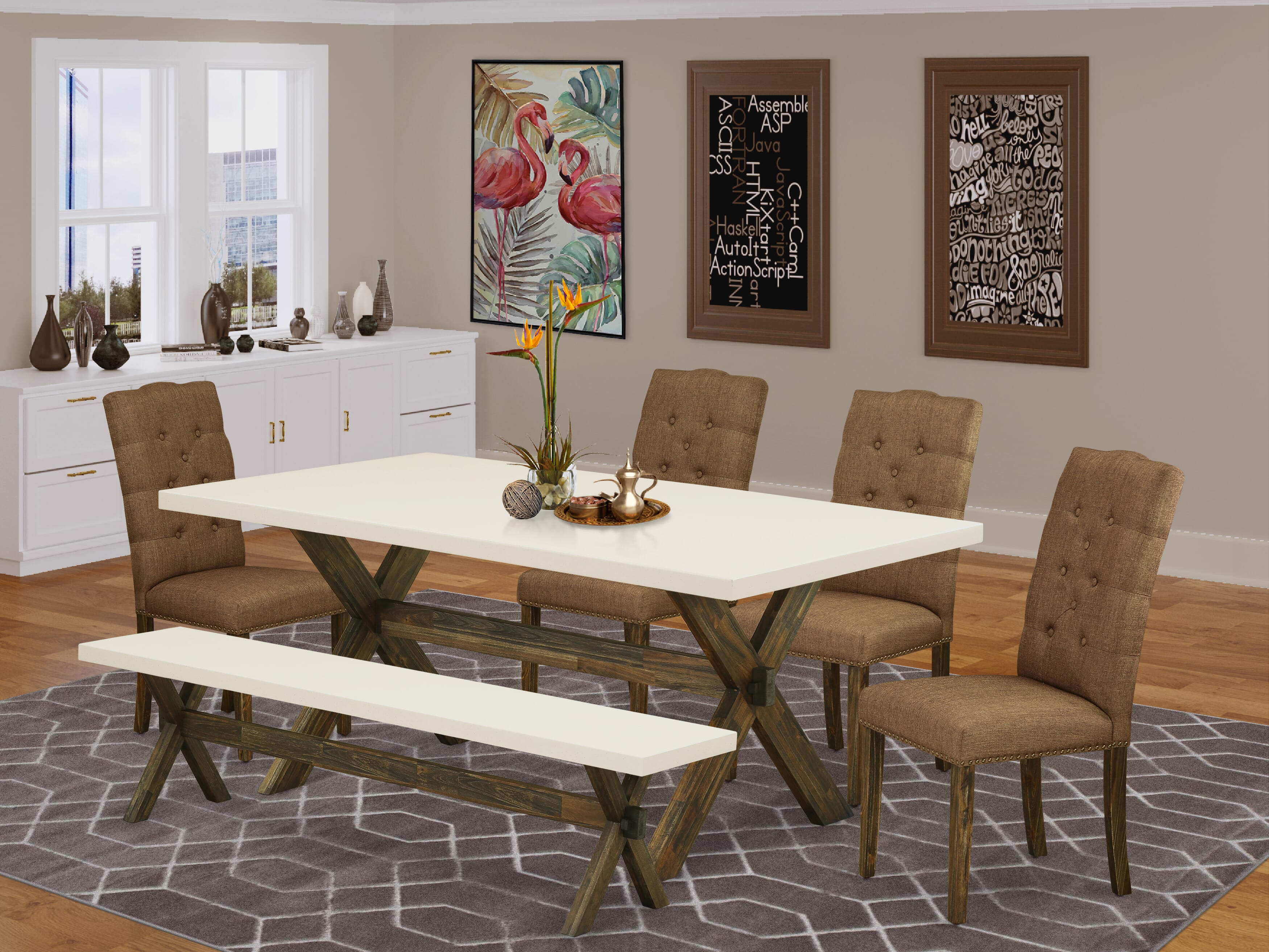 East West Furniture X727EL718-6 6-Pc Dinette Set-Brown Beige Linen Fabric Seat and Button Tufted Chair Back kitchen chairs, A Rectangular Bench and Rectangular top Kitchen Table with Wood Legs - linen white and Distressed Jacobean Finish