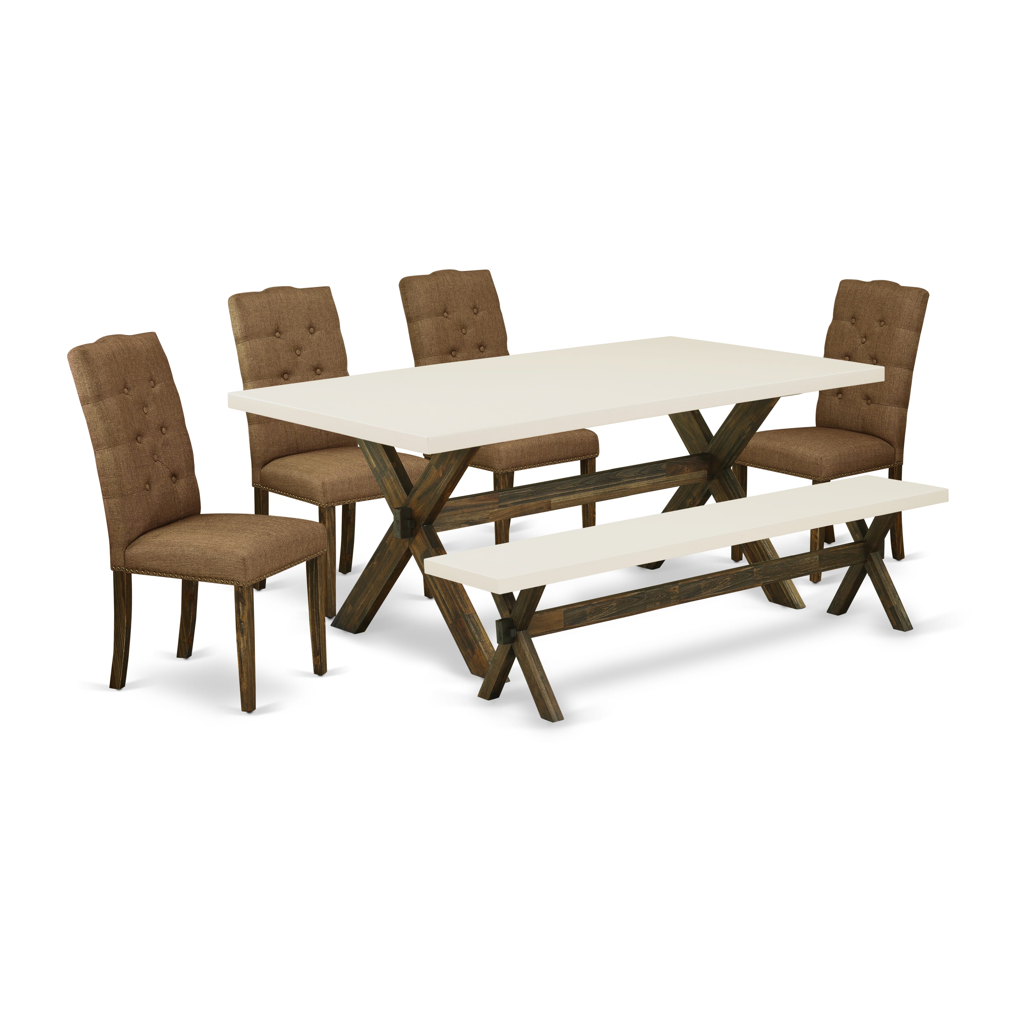 East West Furniture X727EL718-6 6-Pc Dinette Set-Brown Beige Linen Fabric Seat and Button Tufted Chair Back kitchen chairs, A Rectangular Bench and Rectangular top Kitchen Table with Wood Legs - linen white and Distressed Jacobean Finish