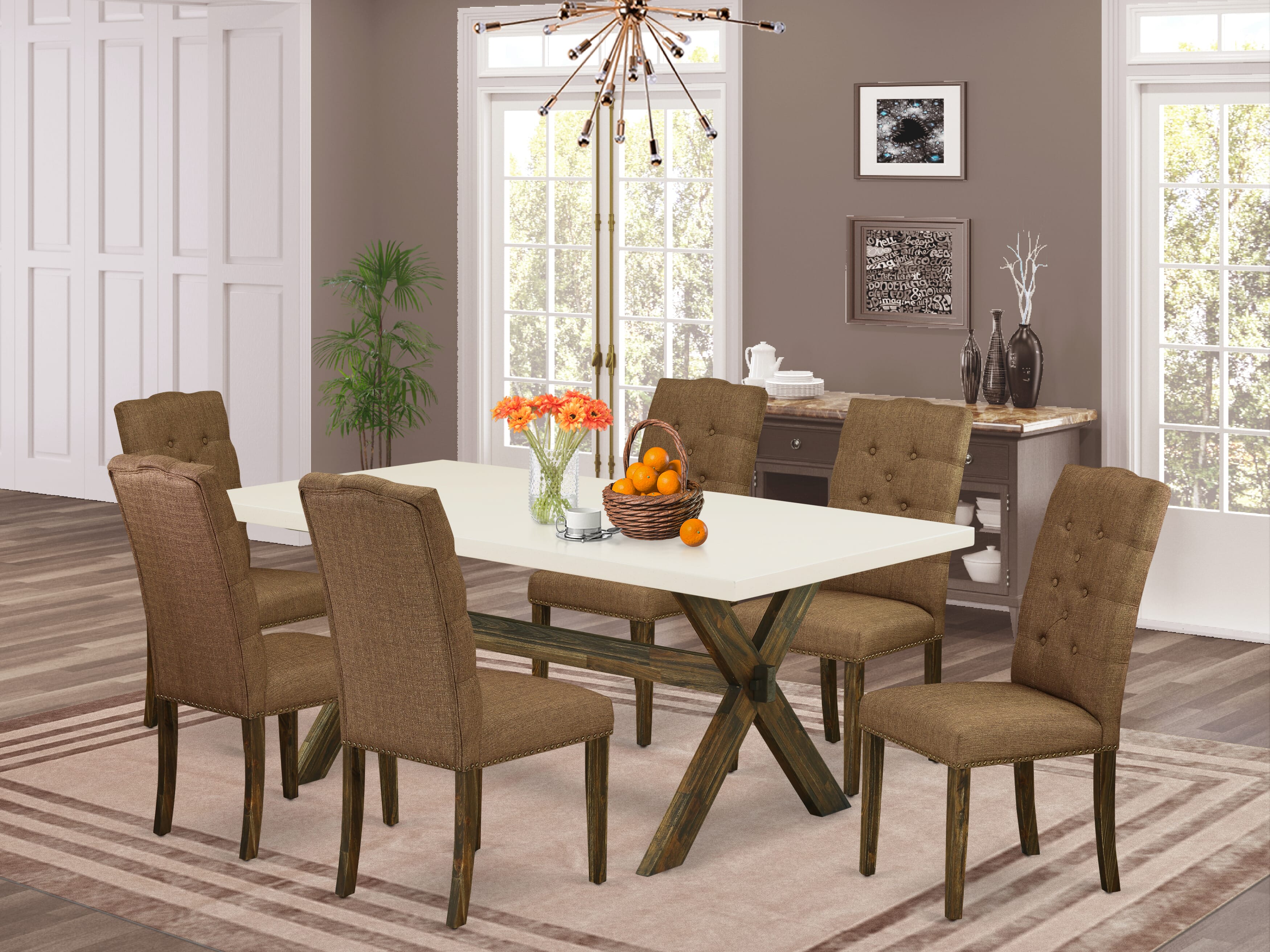 East West Furniture X727EL718-7 7-Pc Dining room Table Set a Fantastic linen white rectangular Table top and 6 Fantastic Kitchen chairs with Nail Heads and Button Tufted, Distressed Jacobean Finish