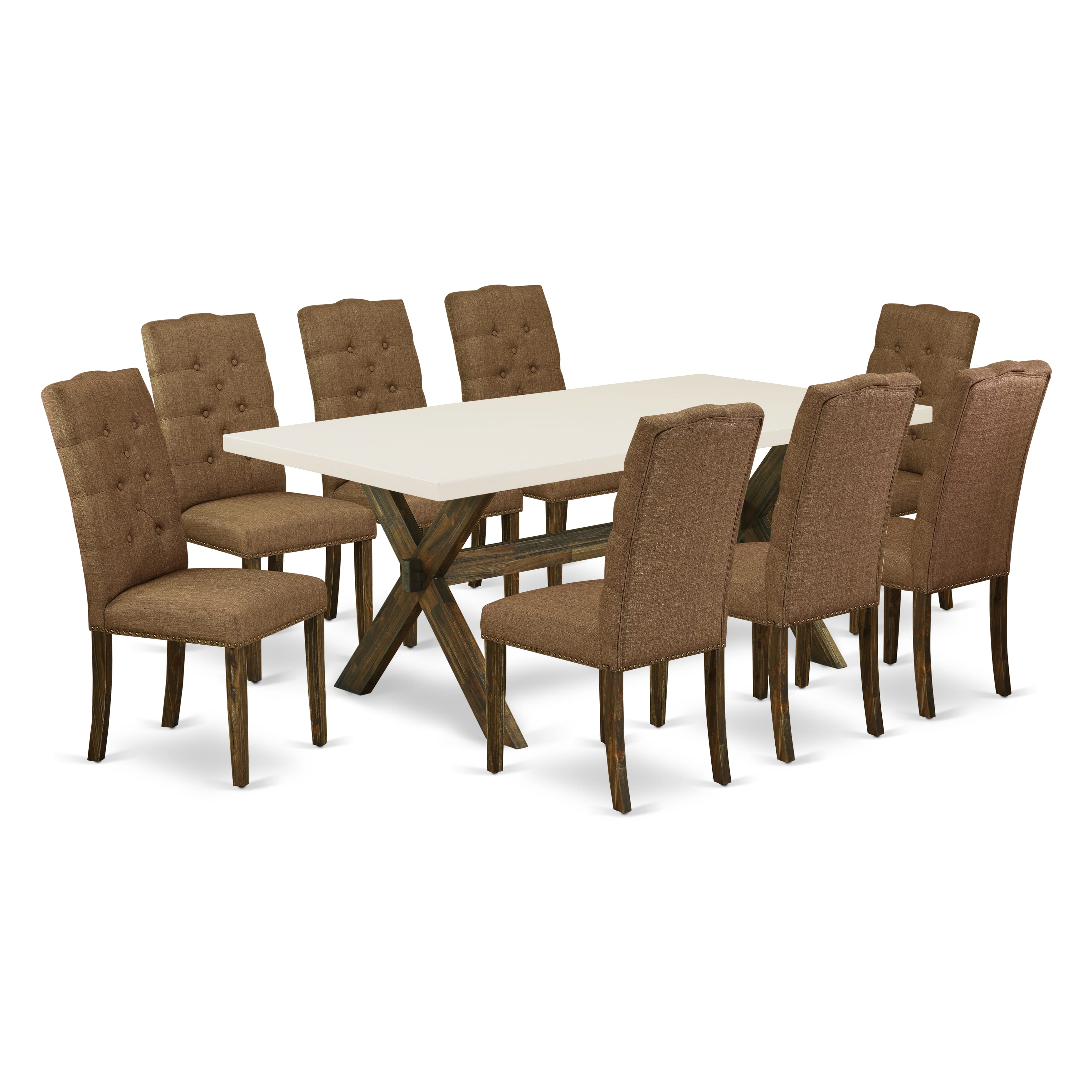 East West Furniture X727EL718-9 9-Pc Rectangular Dining Table Set a Fantastic linen white Rectangular Table top and 8 Beautiful Parson Dining chairs with Nail Heads and Button Tufted, Distressed Jacobean Finish